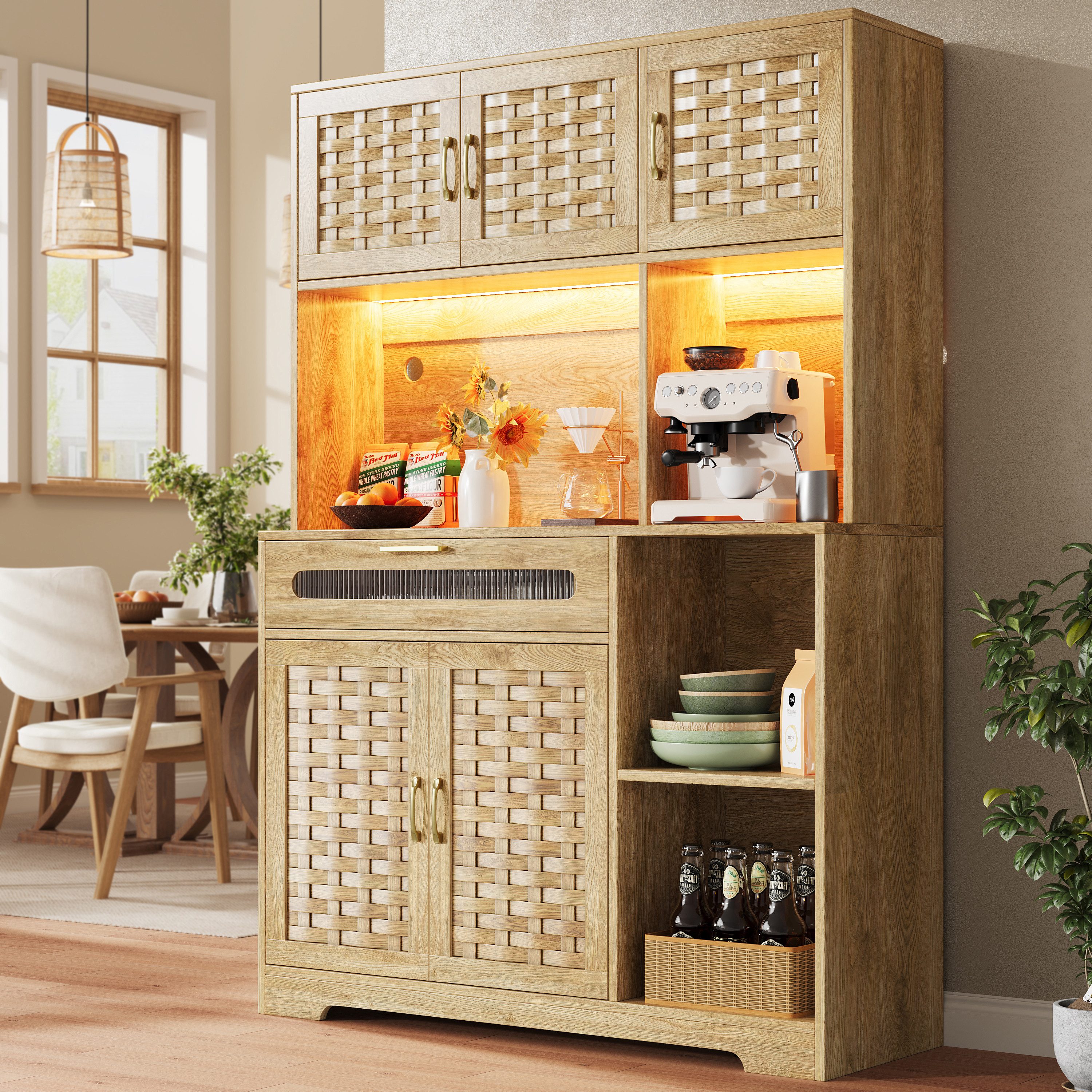 Odikalo Küchenbuffet Küchenschrank Hochschrank mit MDF-gewebte Schranktüren & LED Natur (Hochschränke fürs Wohnzimmer(120×40×180cm), Küchenschrank, Esszimmerschrank mit Schubladen, MDF-gewebte Schranktüren, Schränke mit LED-Beleuchtung, Standvitrine für Küche Wohnzimmer Esszimmer Bar)