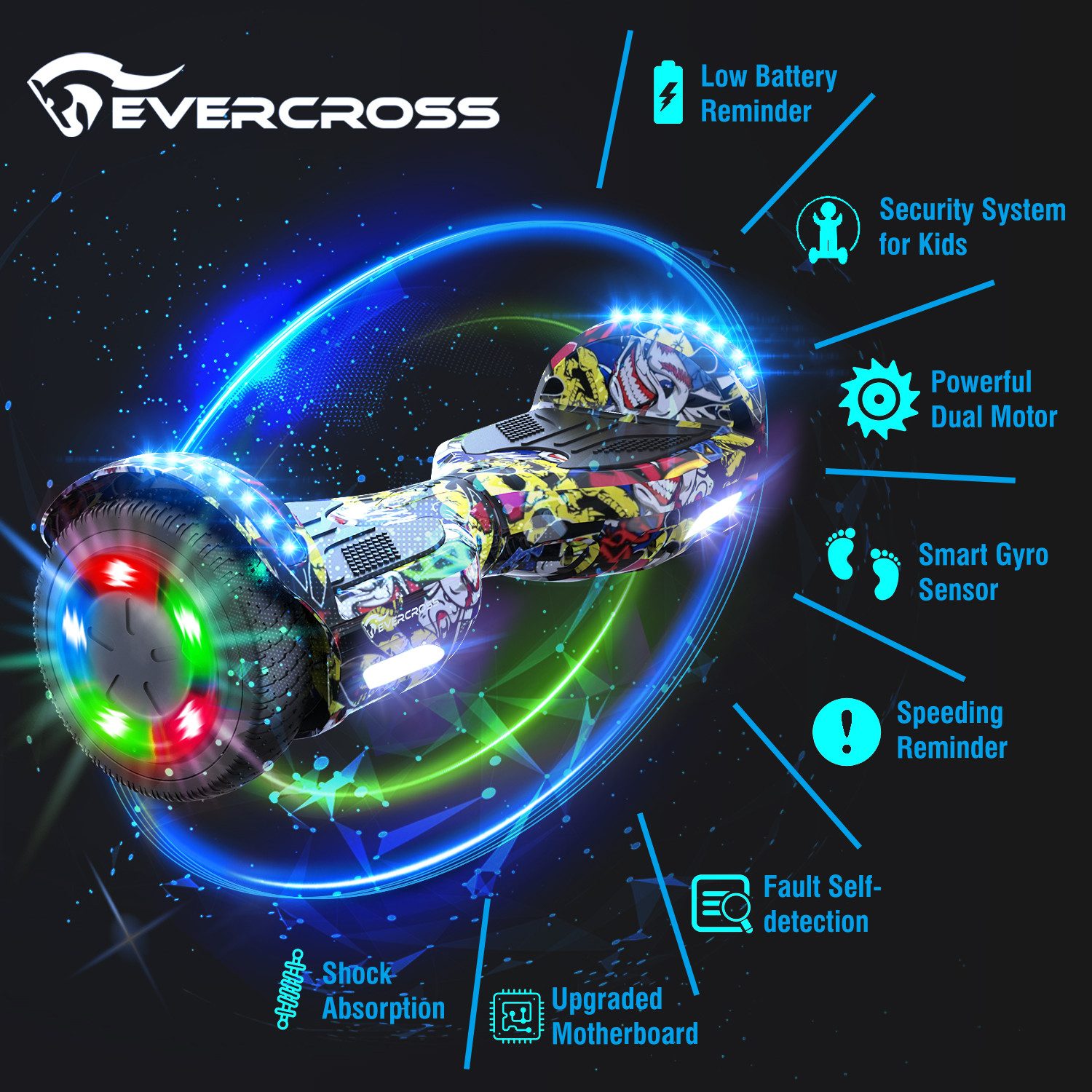 EVERCROSS TECH Balance Scooter 6.5” Hoverboard mit Sitz, Leuchtende Reifen, Bluetooth-Musik, LED-Lichter, bis zu 10-15 km, Geschenke für Kinder