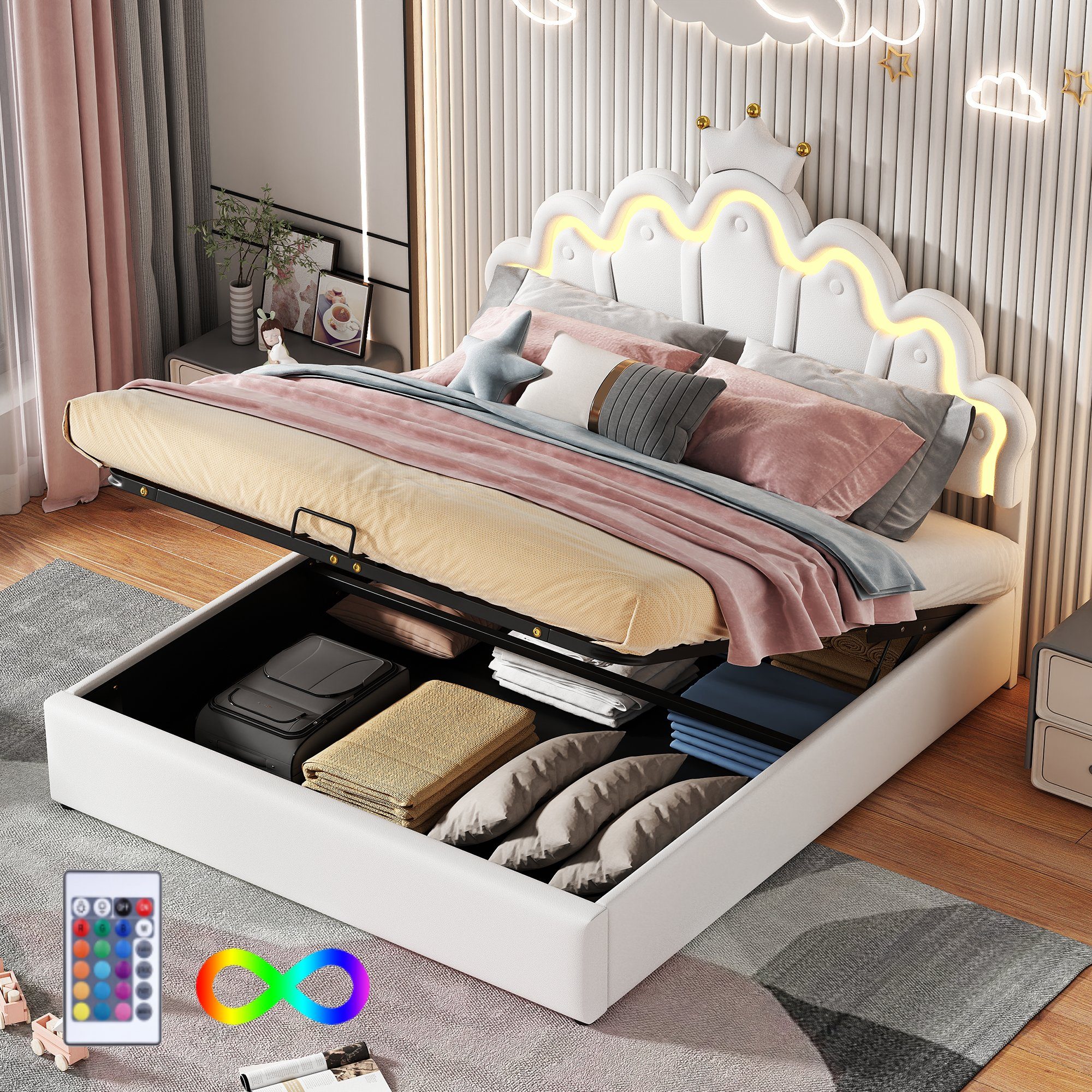 Flieks Polsterbett, LED Kinderbett Doppelbett mit krone-Form Prinzessinnenbett 140x200cm