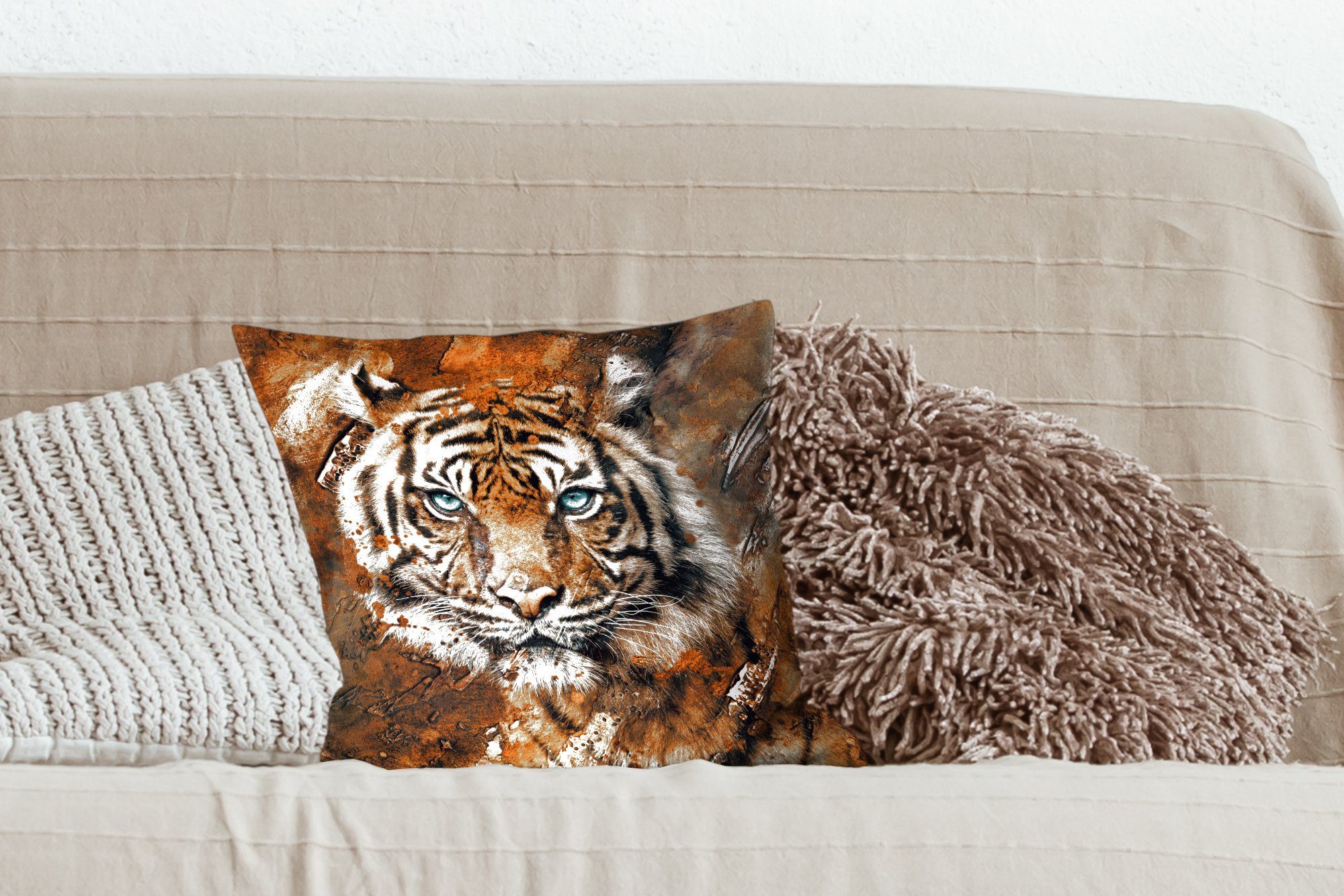 Deko, - Schlafzimmer, Malerei - mit Wohzimmer, Braun, für Sofakissen Dekokissen Tiger Füllung MuchoWow Zierkissen