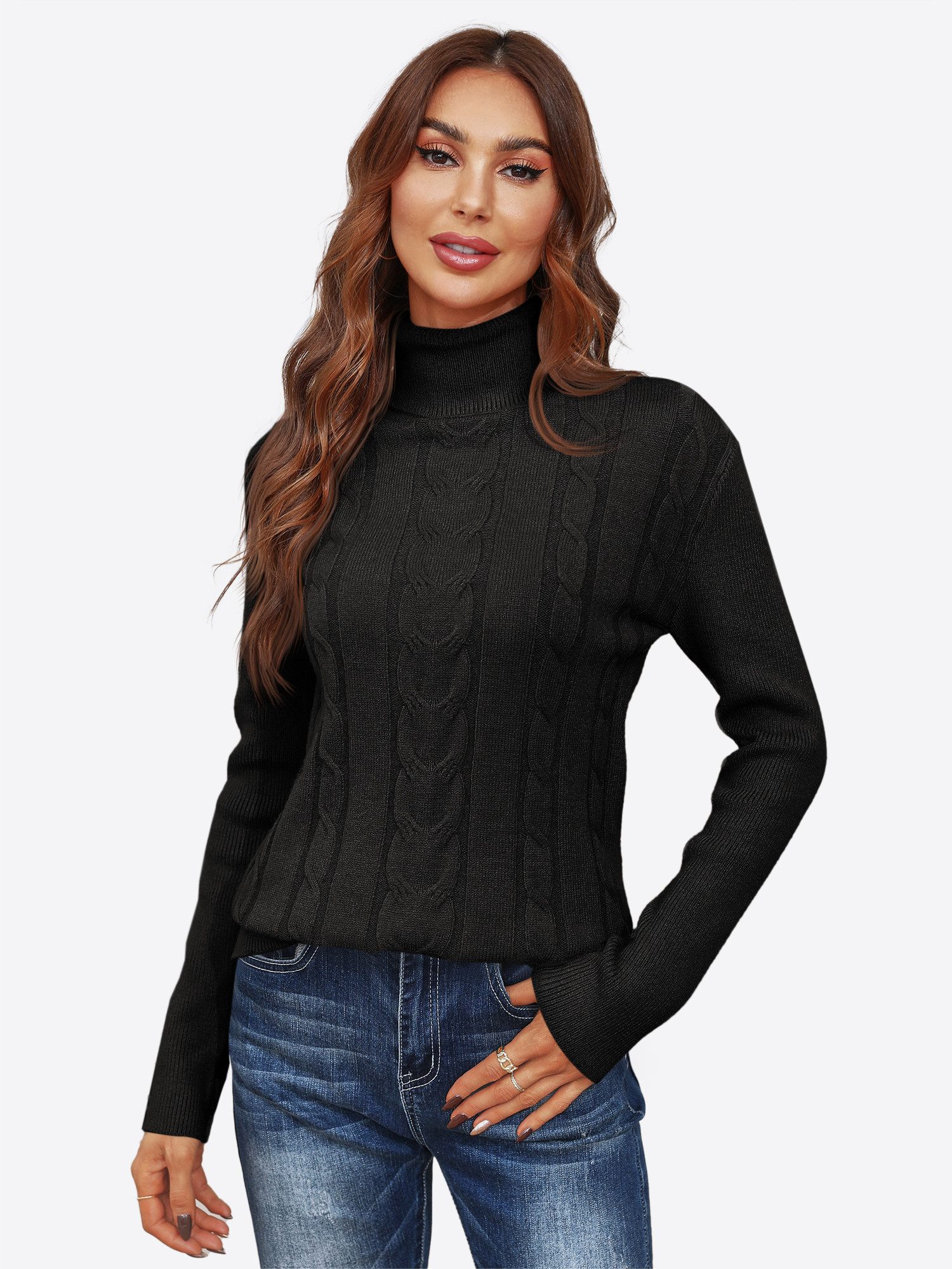 Imily Bela Sweater Damen Rollkragenpullover mit Zopfmuster und langen Ärmel günstig online kaufen