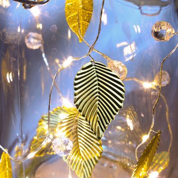 MARELIDA LED-Lichterkette Draht mit goldenen Blättern und Perlen 20 warmweiße LED Batterie, 20-flammig