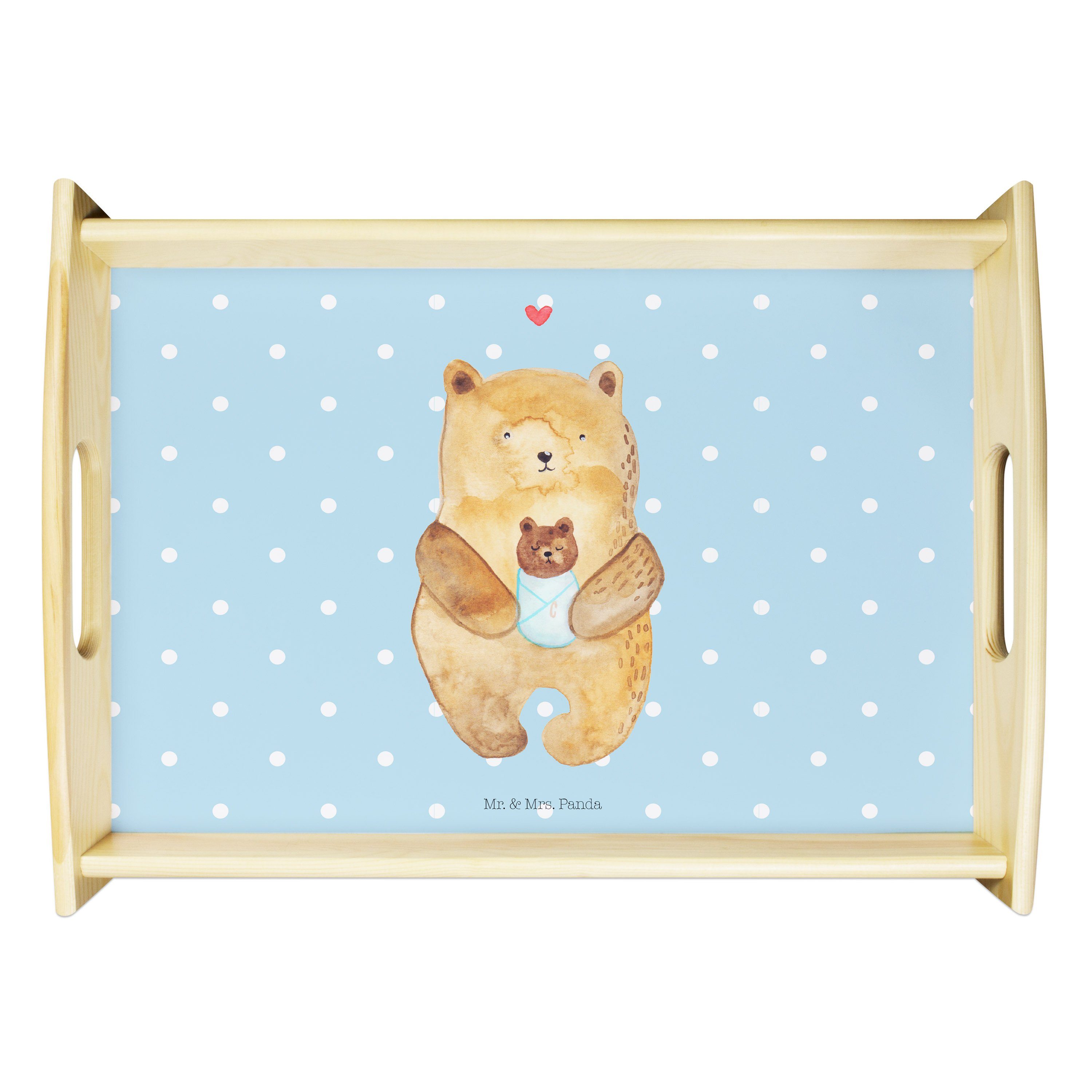 Mr. & Mrs. Panda Tablett Bär mit Baby - Blau Pastell - Geschenk, Nichte, Küchentablett, Frühst, Echtholz lasiert, (1-tlg)