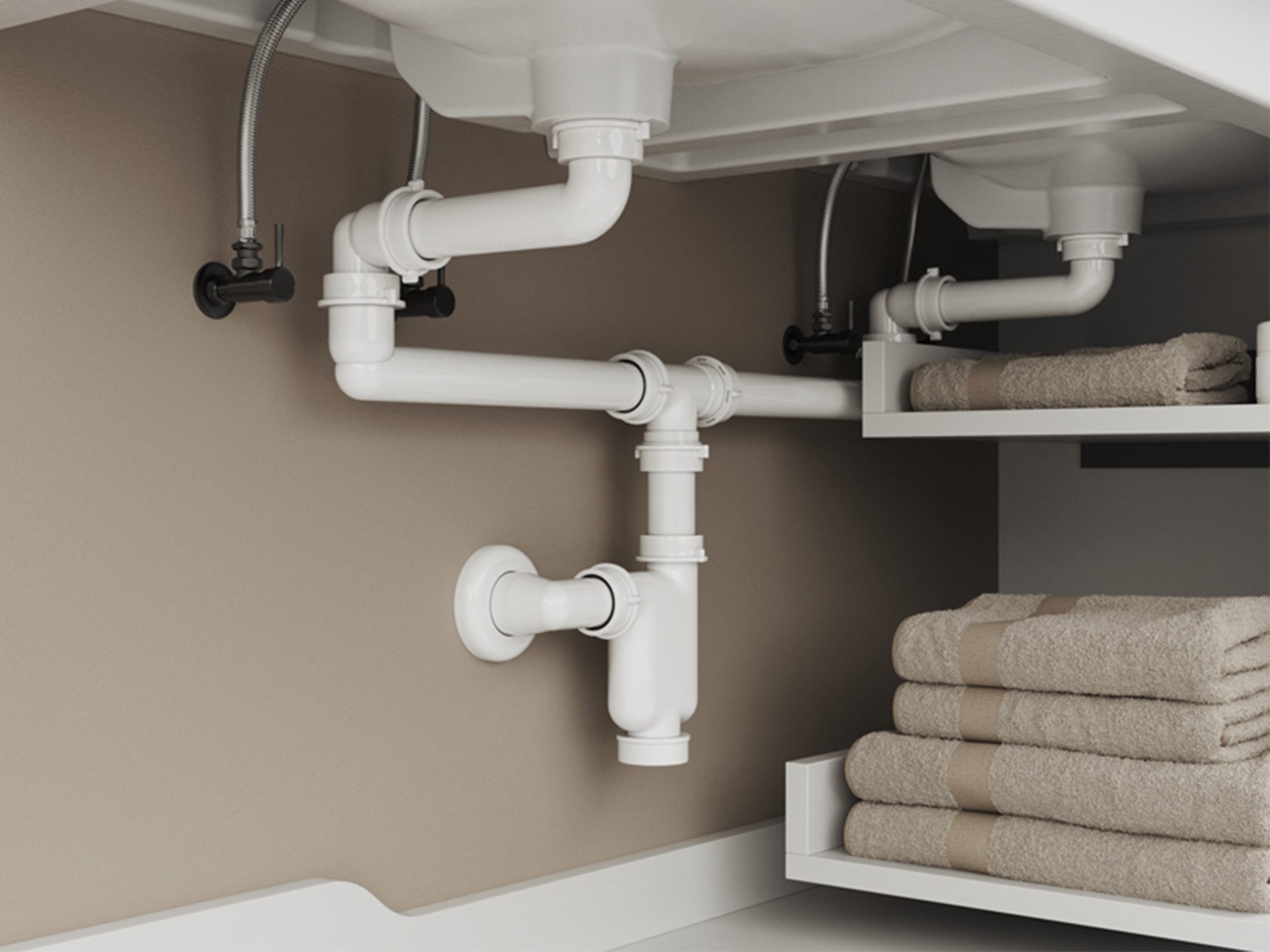 Aqua Bagno Siphon Raumsparsiphon für Doppelwaschbecken, G1 1/4" 40mm, flexibel, (Geruchsverschluss, 11-tlg., universell einsetzbar), mit Reinigungöffnung - platzsparende Lösung