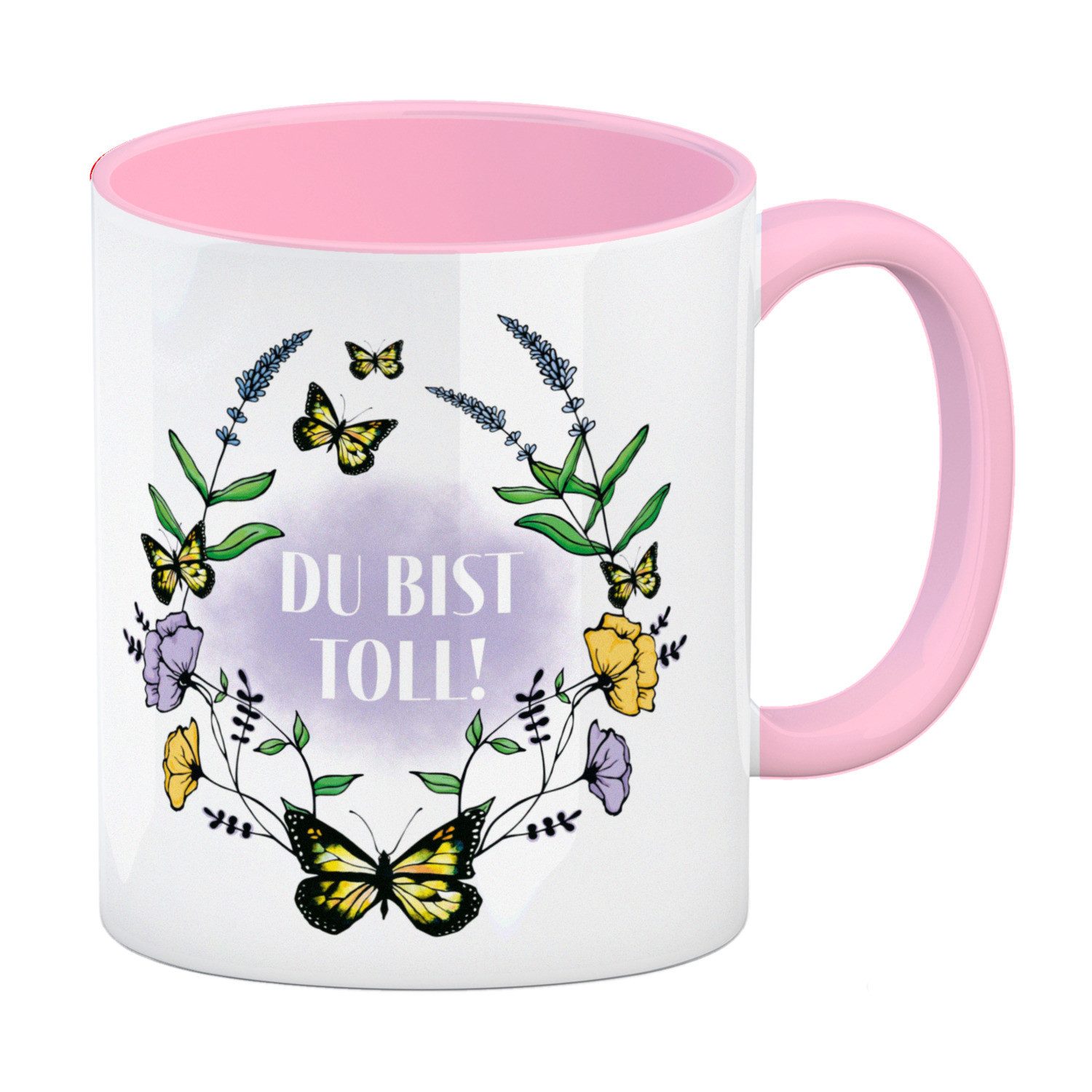 Tasse Kaffeebecher Rosa mit motivierenden Worten und Blumenrahmen