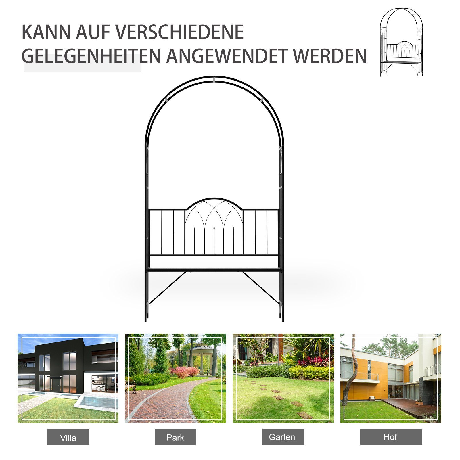 Outsunny Gartenbank Laubenbank Philosophenbank Rankgitter Rankhilfe (Rosenbank, 1-St., Rosenbogen mit Bank), Metall Schwarz 115 x 59 x 203 cm