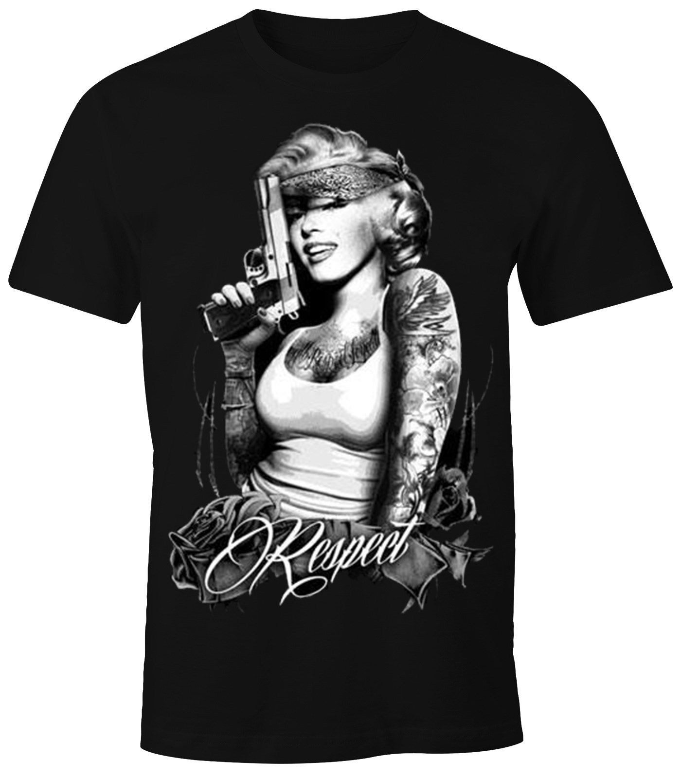 MoonWorks Print-Shirt Herren T-Shirt Marilyn Monroe mit Pistole Respect Gangster Waffe mit Print