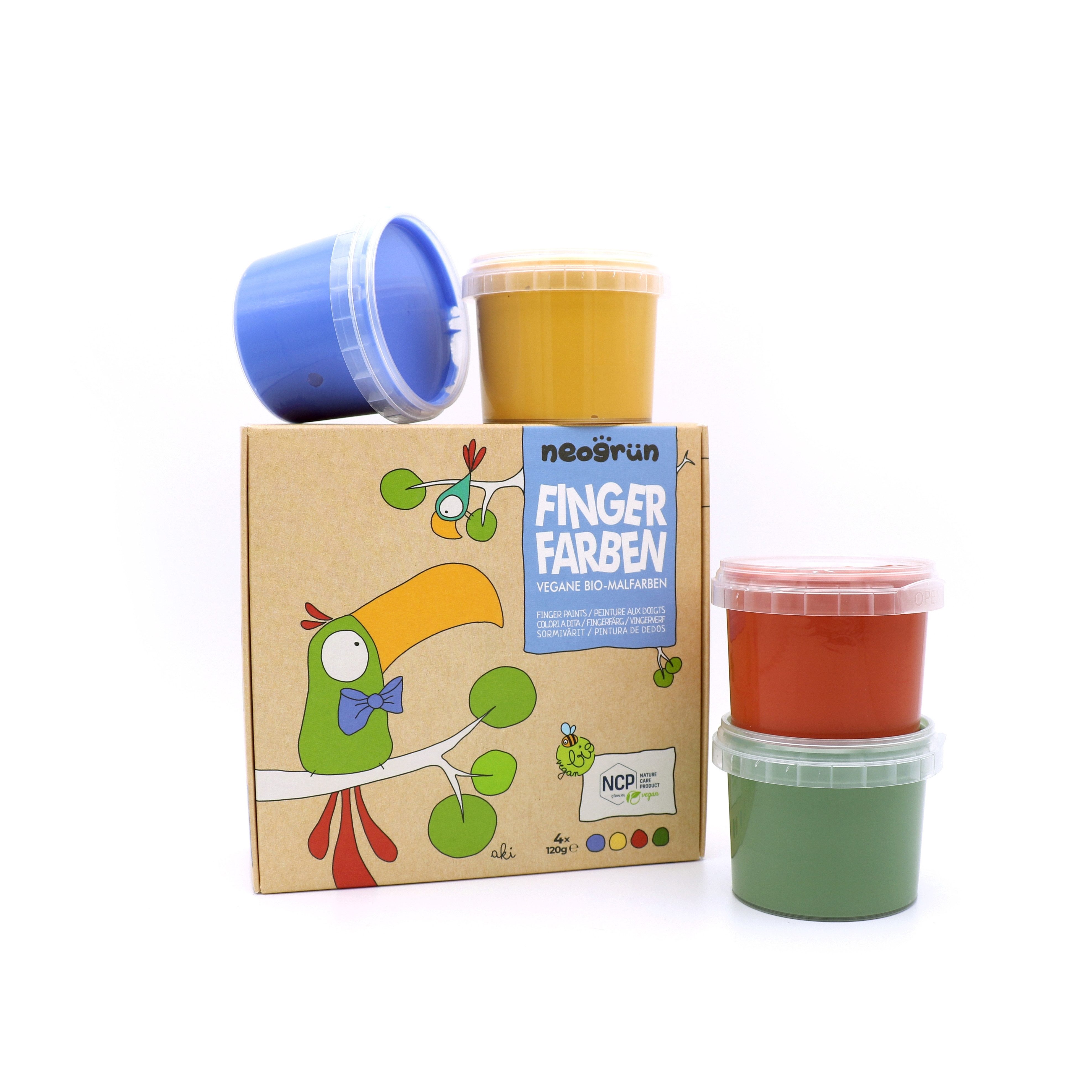 neogrün Fingerfarbe Bio-Fingerfarben veganes Naturprodukt, 4 x 120g, Rot, Gelb, Grün, Blau