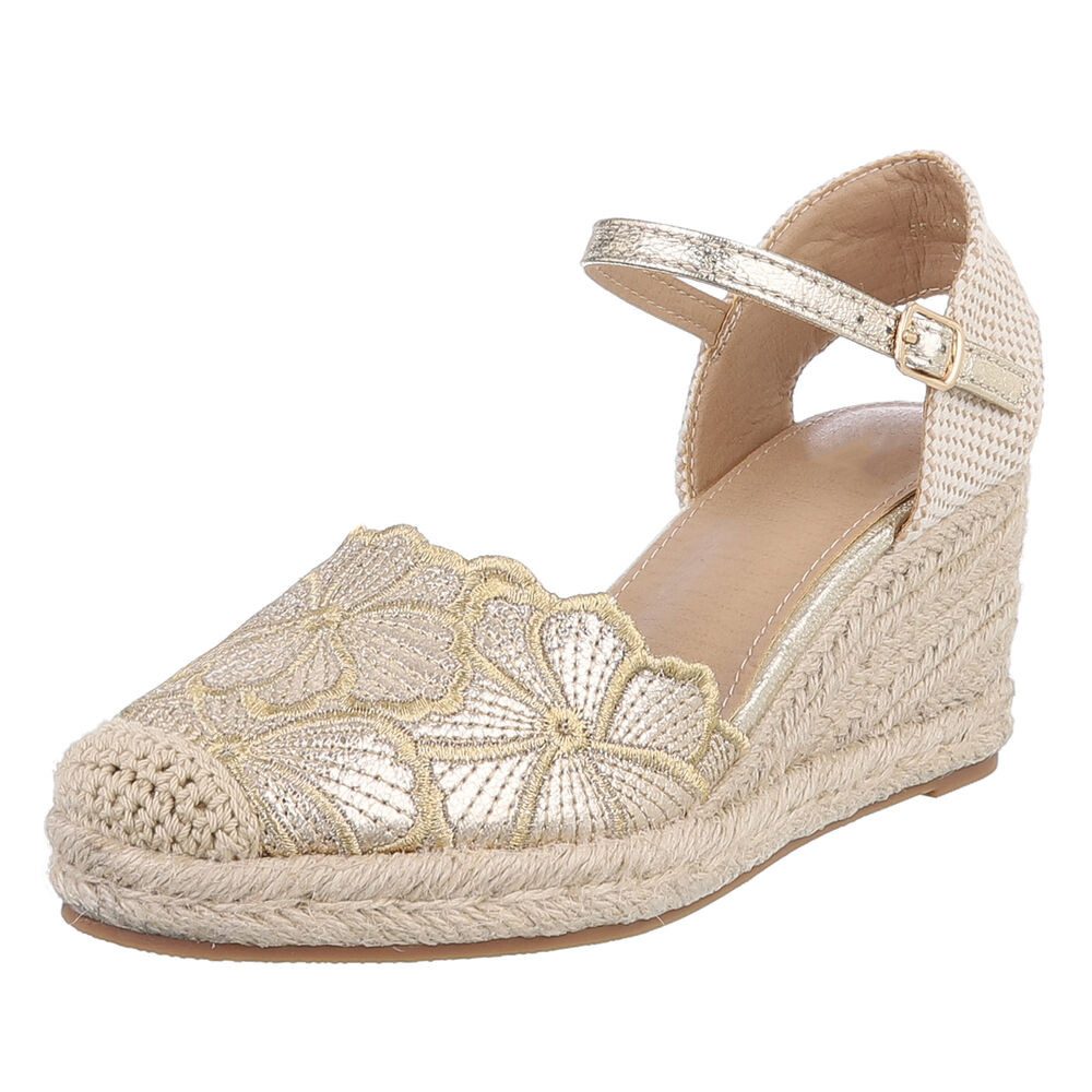 Ital-Design Beige Wedges mit Blumenstickerei – Sommerliche Eleganz Schnürpumps (89372886) Keilabsatz/Wedge Pumps in Gold