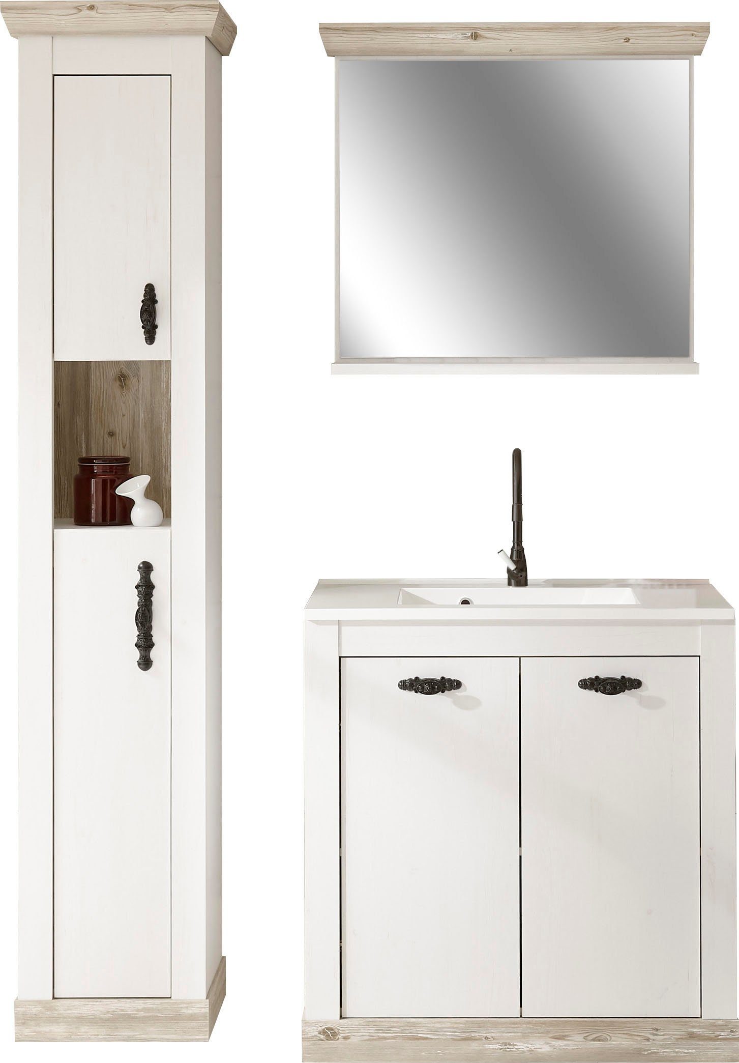 Home affaire Badmöbel-Set Florenz, Bad im Landhausstil, 3-teiliges Badezimmer, (3-St), Waschtisch, Schrank und Spiegel mit Ablage, in Pinie Weiß, Stauraum