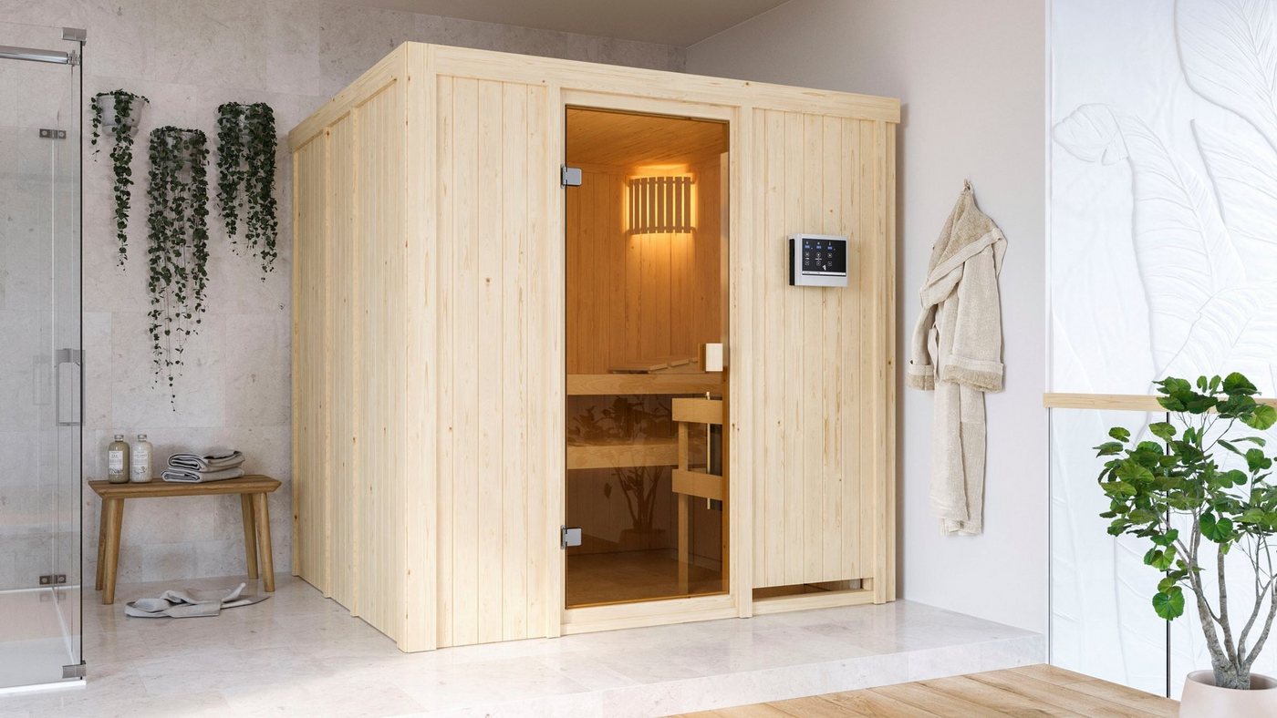 Thumbnail - Karibu Sauna Tromsö, BxTxH: 196 x 178 x 198 cm, 68 mm, mit Ofen 9 kW Bio mit ext. Strg.