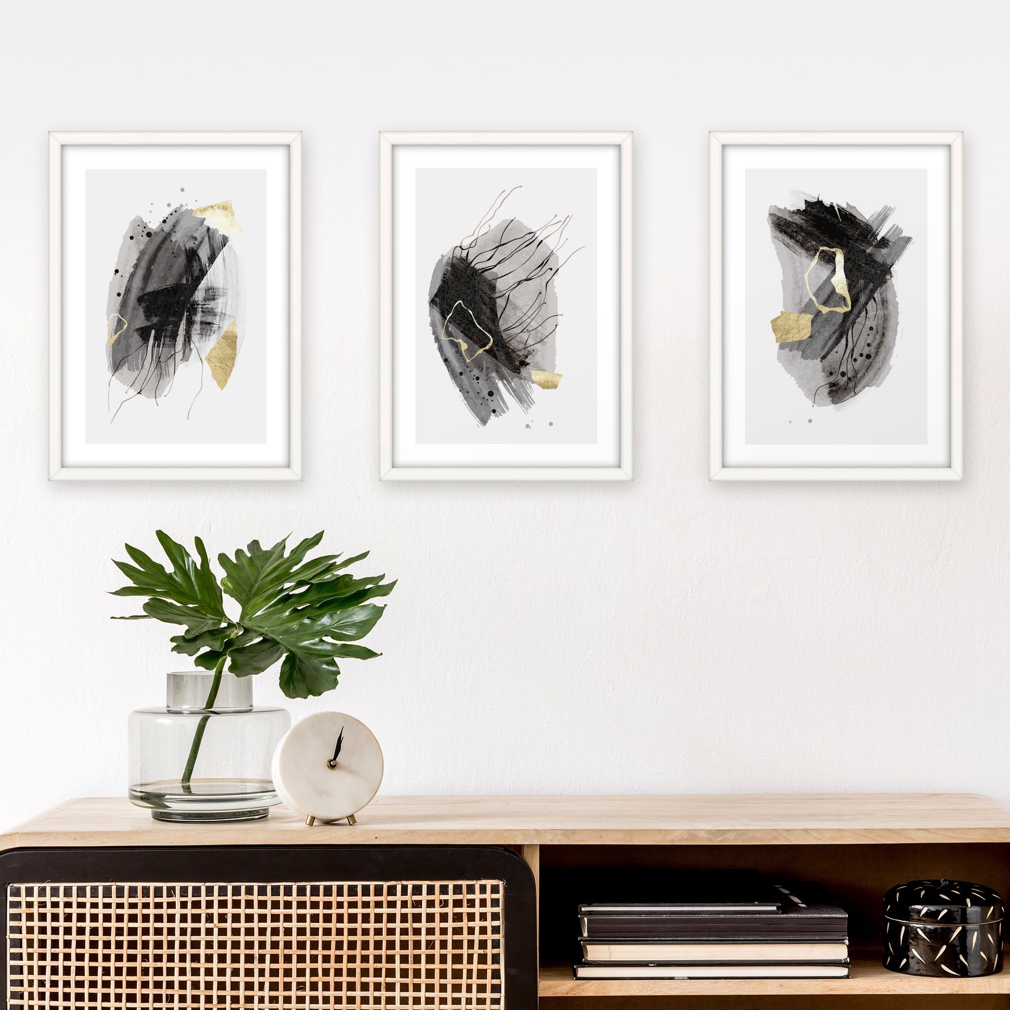 Kreative Feder Poster Abstrakt Grau, Abstrakt (Set, 3 St), 3-teiliges Poster-Set, Wandbild, optional mit Rahmen, DIN A4 oder A3