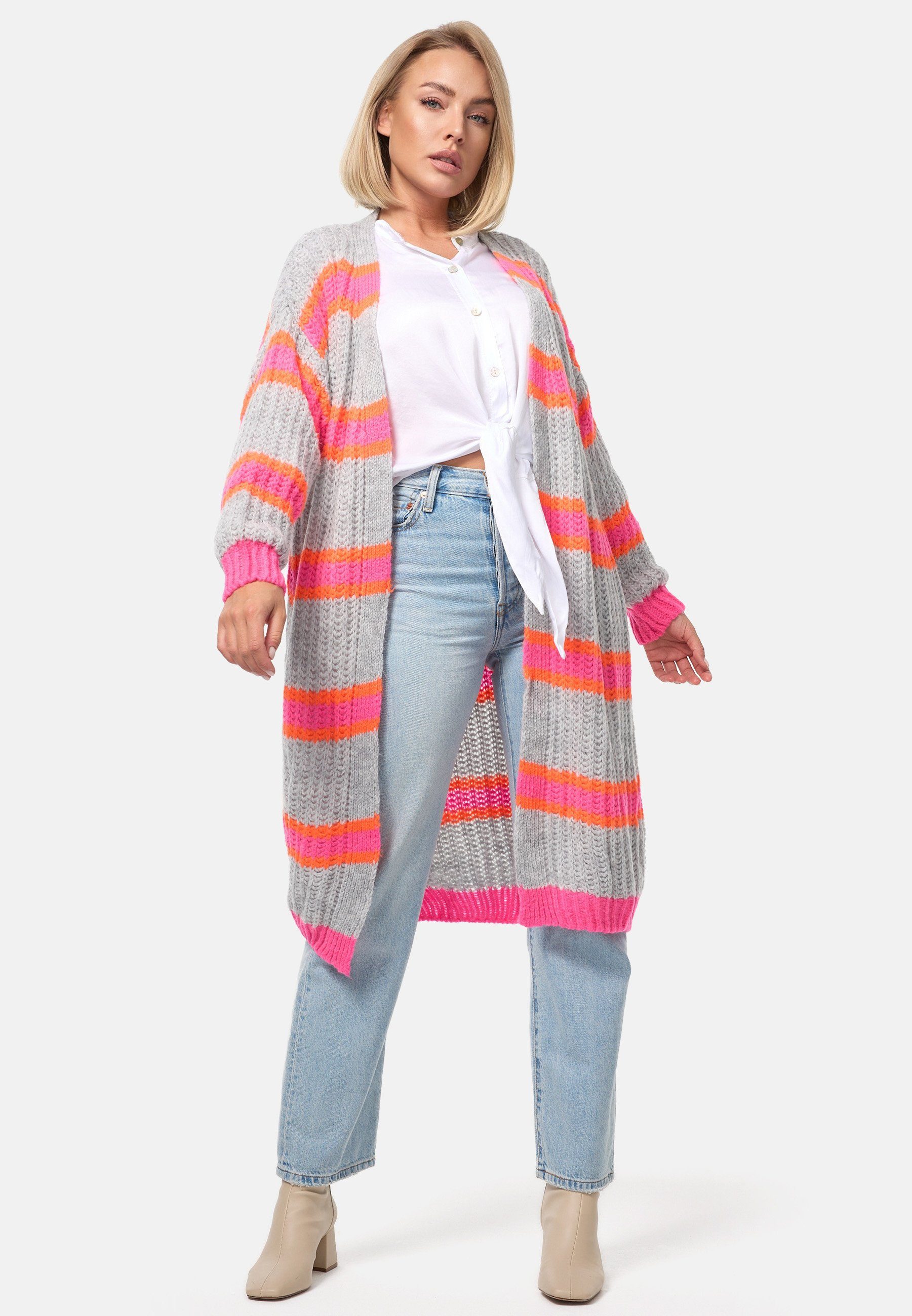 Rayshyne Longstrickjacke langer Cardigan mit Blockstreifen für Damen (Gestreift Bunte Kuschelige Damen Strickjacke Cardigan PM02)