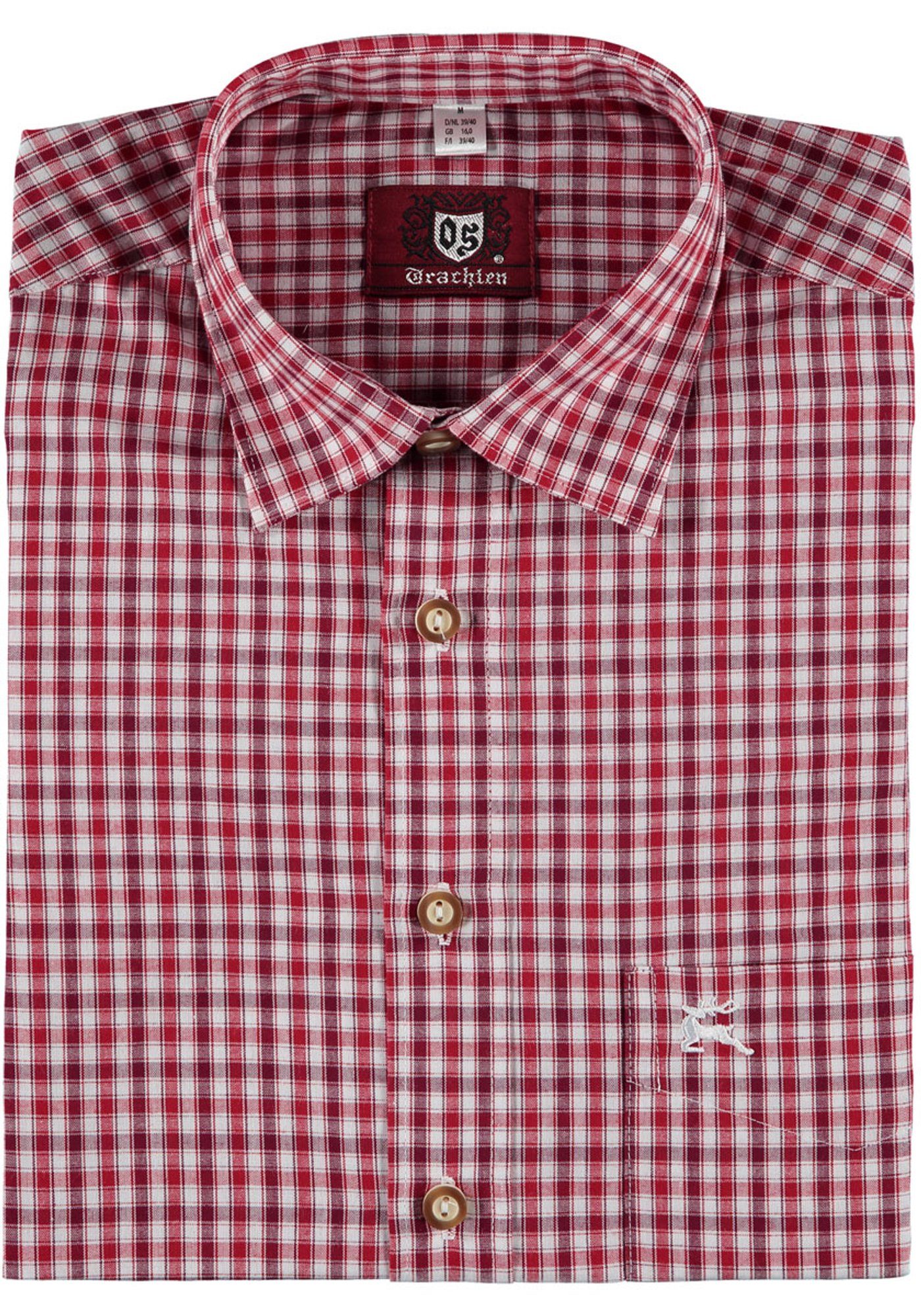 OS-Trachten Trachtenhemd Langarmhemd hochrot Brusttasche Hirsch-Stickerei der Lundoko mit auf