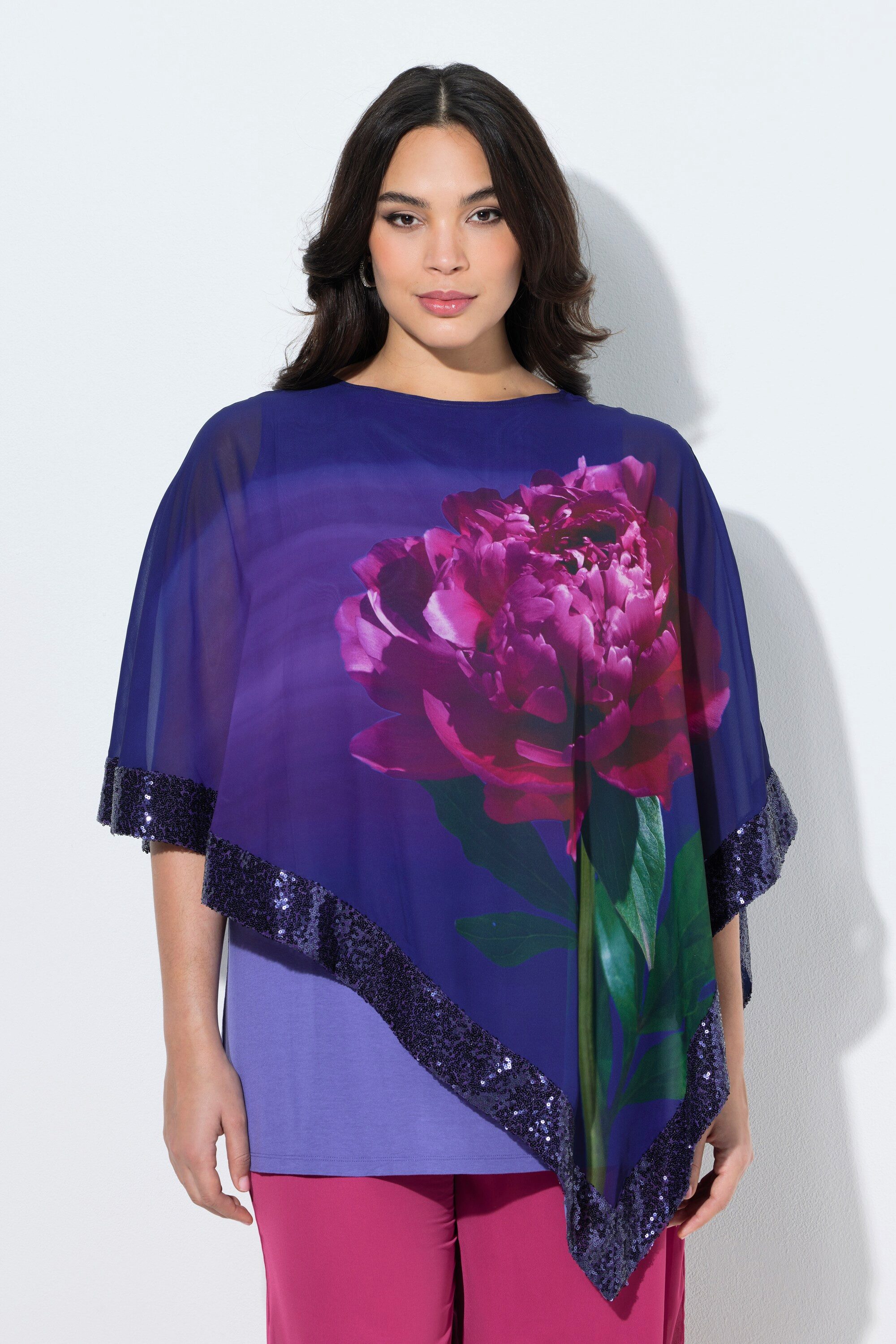 Ulla Popken Druckbluse Chiffonbluse Blüten U-Boot-Ausschnitt 3/4-Arm
