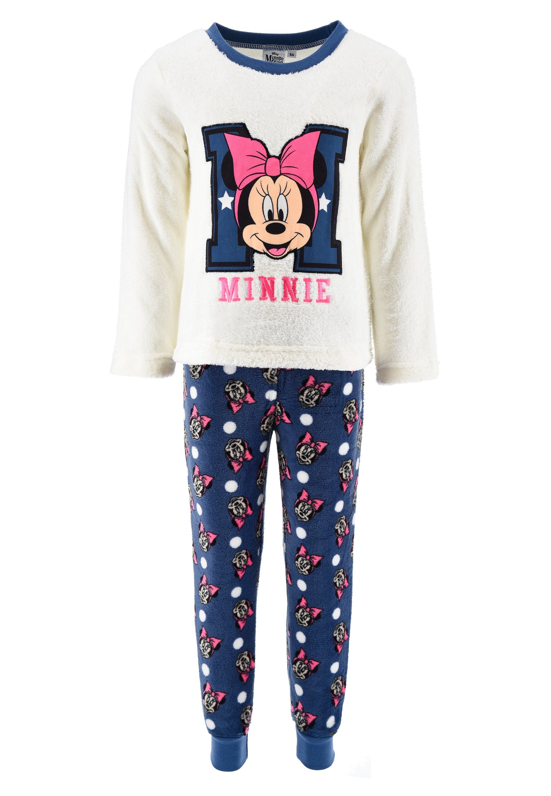 Disney Minnie Mouse Schlafanzug Kinder Mädchen Schlafanzug Pyjama Langarm Shirt + Schlaf-Hose (2 tlg) Mini Maus Weiß
