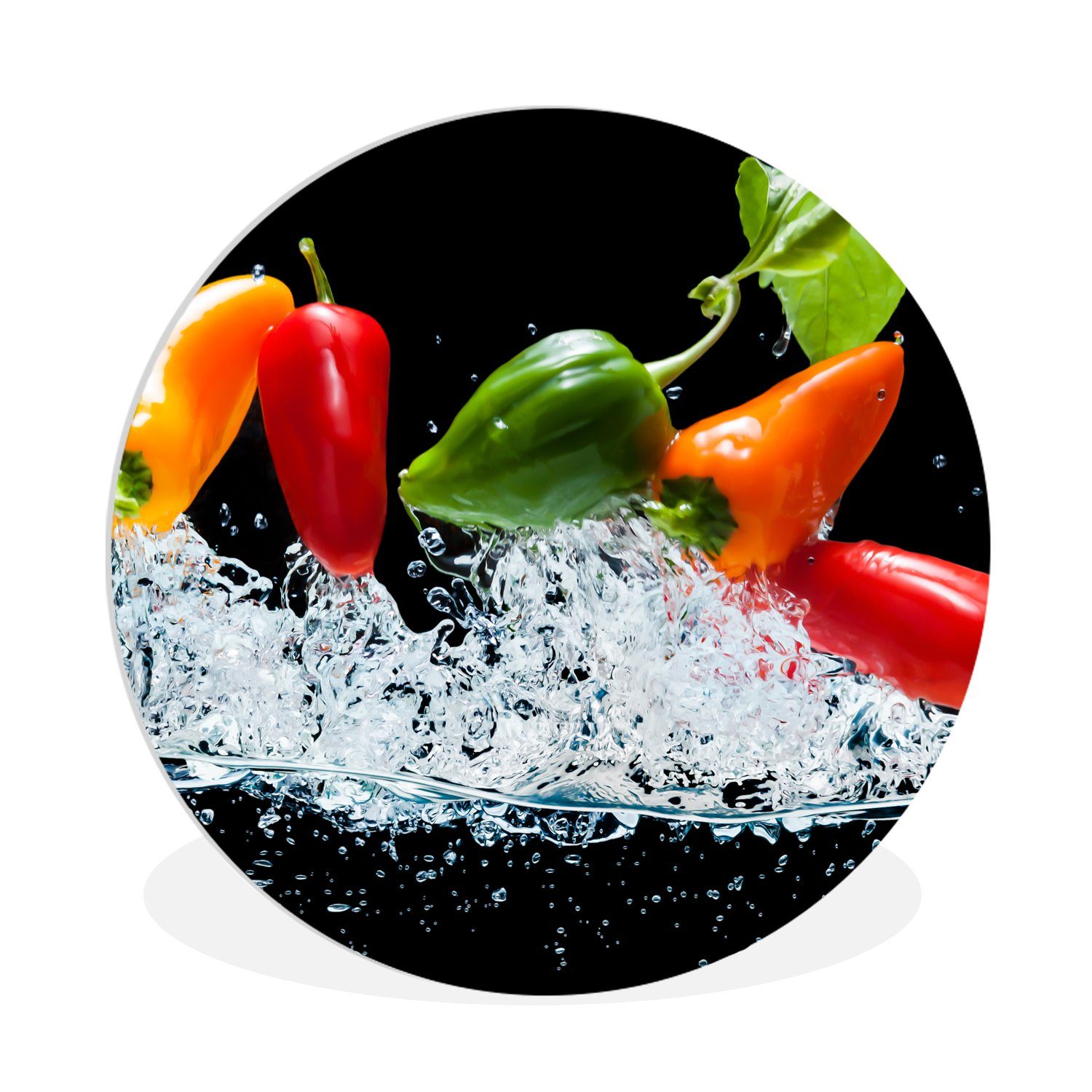 MuchoWow Gemälde Paprika - Schwarz - Gemüse - Wasser - Blatt, Fotodruck (1 St), Kreis Wanddekoration, Rundes Wandbild, 30x30 cm