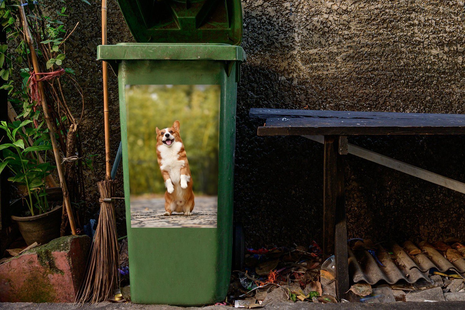 Mülltonne, - - MuchoWow Container, Steine Sticker, Corgi St), Hund (1 Abfalbehälter Mülleimer-aufkleber, Wandsticker