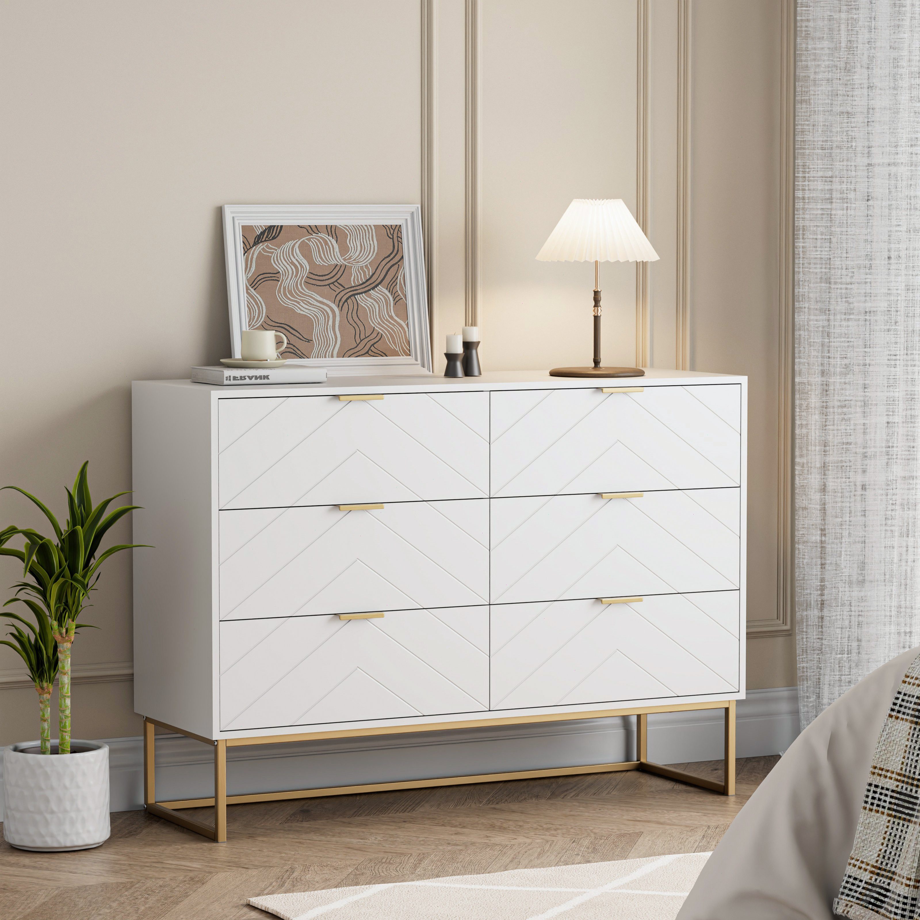 UEV Sideboard mit 6 Schubladen, Highboard Mehrzweckschrank mit Kisppschutz (für Wohnzimmer Schlafzimmer Büro Flur, 100x34x73,5cm), Küchenschrank Buffet TV Board Schrank mit Füße Aufbewahrungsschrank