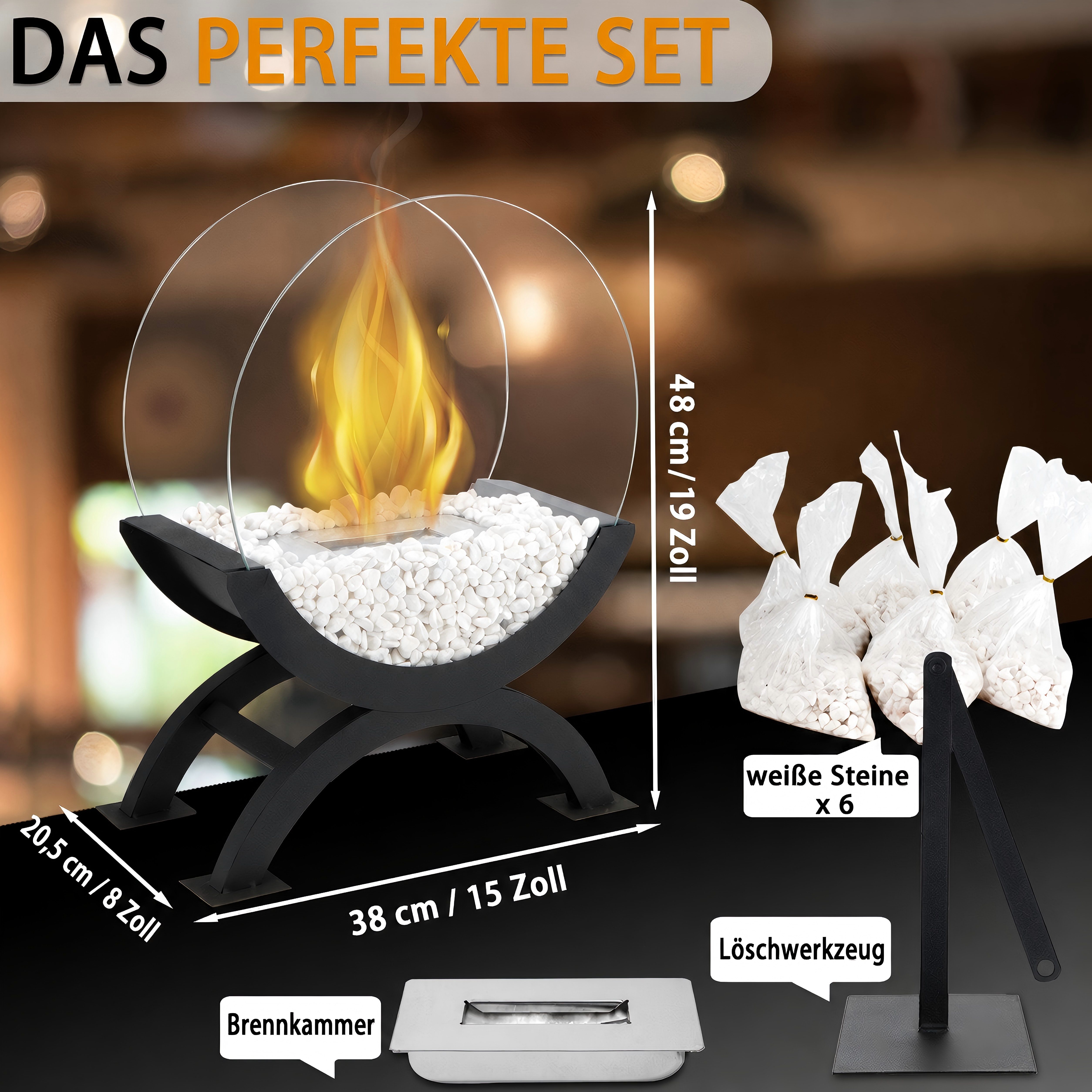 JHY DESIGN Feuerschale 48cm Hoch Tisch-Feuerschale Tisch-Kami Windlichter aus Metall und Glas, (1-St), für Innen und Außenbereich Schwarz – Bild 5 von 5