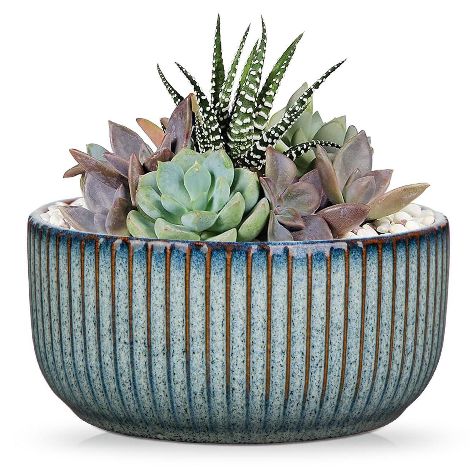 LuxusKollektion Übertopf Übertopf Keramik gerippt blau 14cm (1 St)