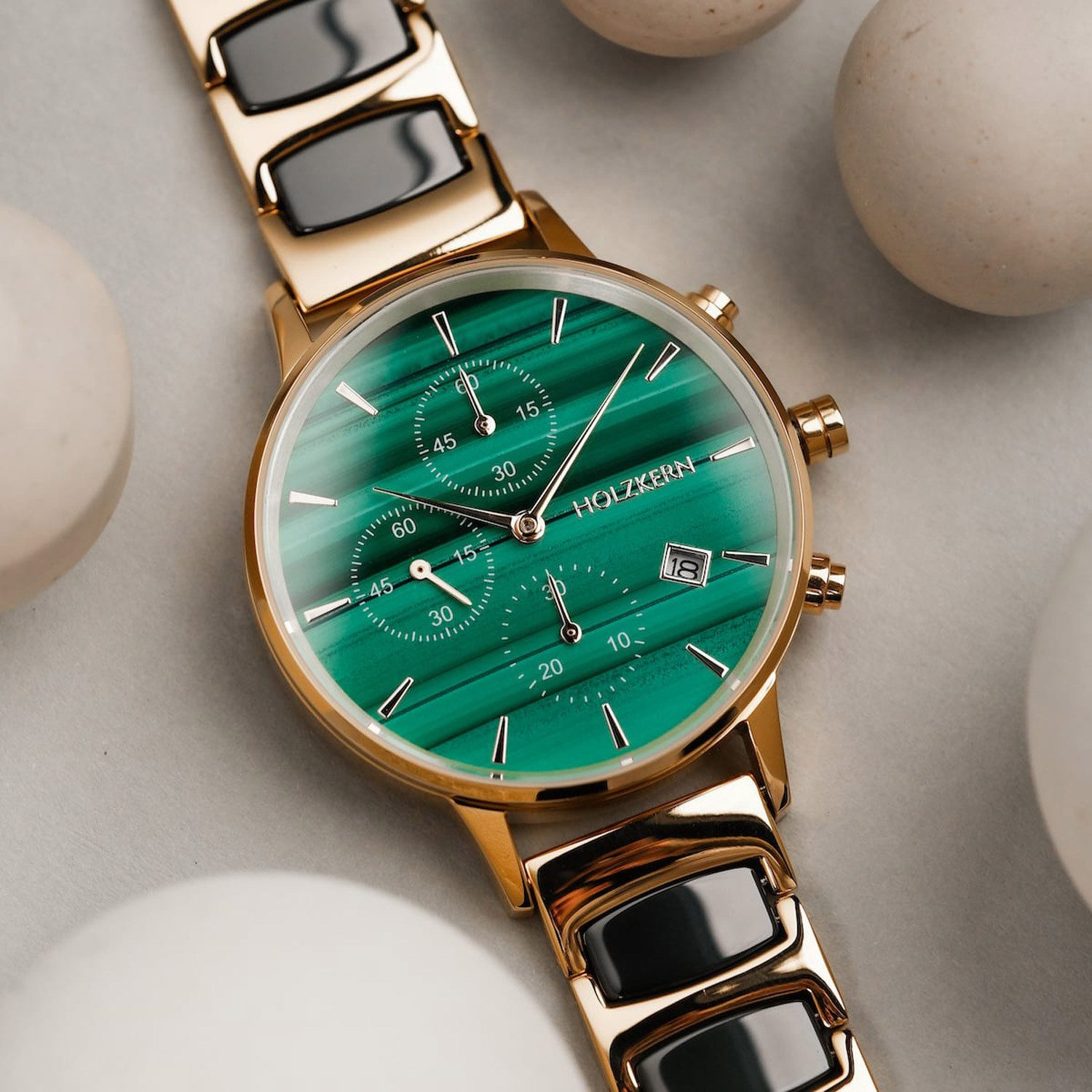 Holzkern Quarzuhr 9010631016401, Damenuhr Chronograph Jolly Malachit/Keramik