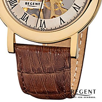 Regent Quarzuhr Regent Herren-Armbanduhr braun Analog F-758, Herren Armbanduhr rund, groß (ca. 40mm), Lederarmband