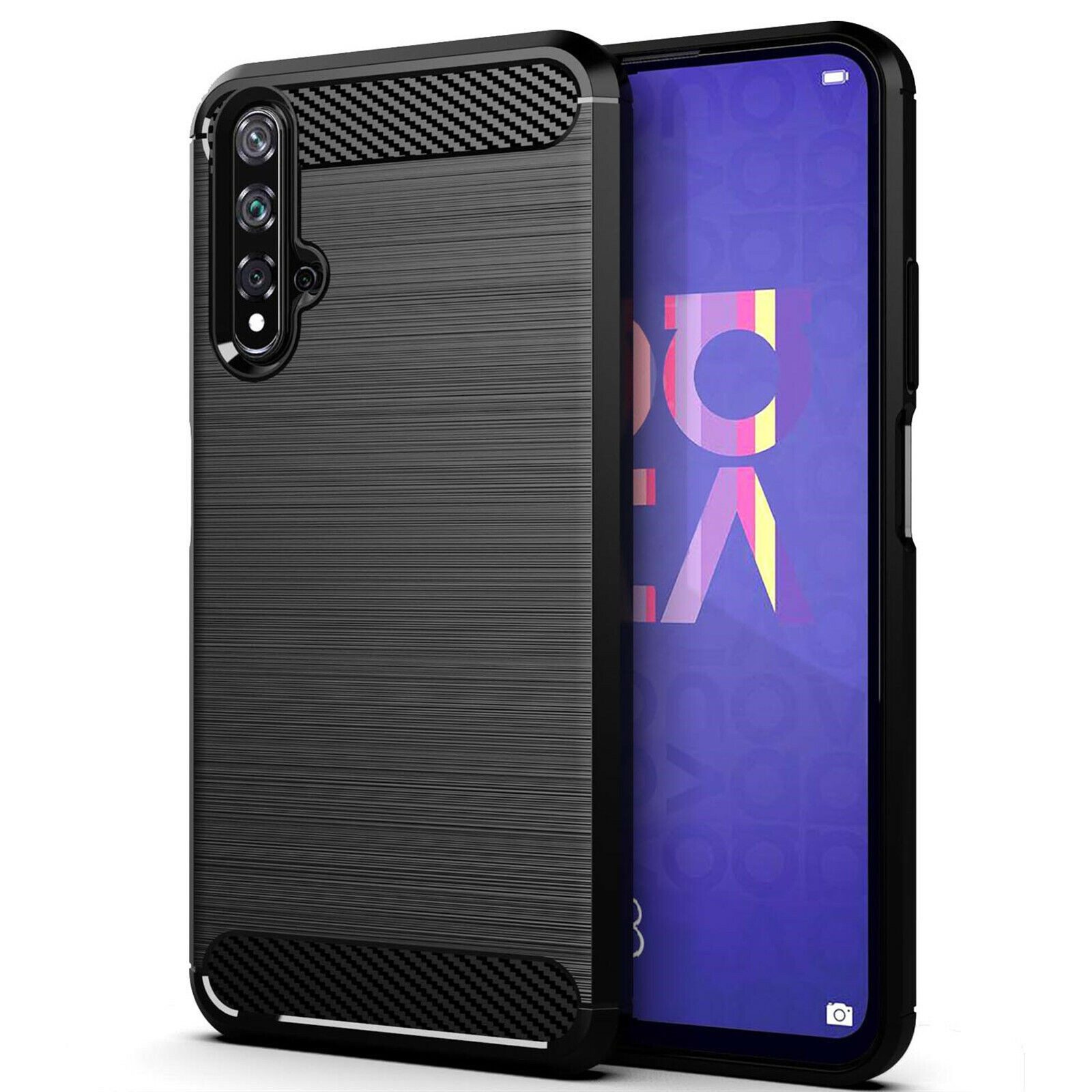 betterfon Handyhülle Carbon Hülle für Huawei Nova 5T Backcover TPU Silikon Bumper Schwarz, Carbon-Look – stoßfestes Case mit Air-Cushion & Metall-Optik