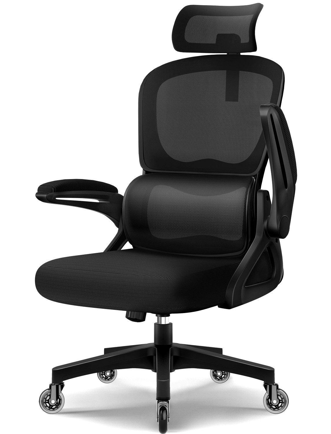 Homimaster Bürostuhl Bürostuhl, Schreibtischstuhl Ergonomisch mit Klappbaren Armlehnen (Bürostuhl mit Verstellbarer Kopfstütze, 90° Klappbare Armlehnen und Lendenwirbelstütze, Höhenverstellbarer Chefsessel aus Mesh), Bürostuhl mit maximaler Neigung von 135°, bis 150 kg belastbar