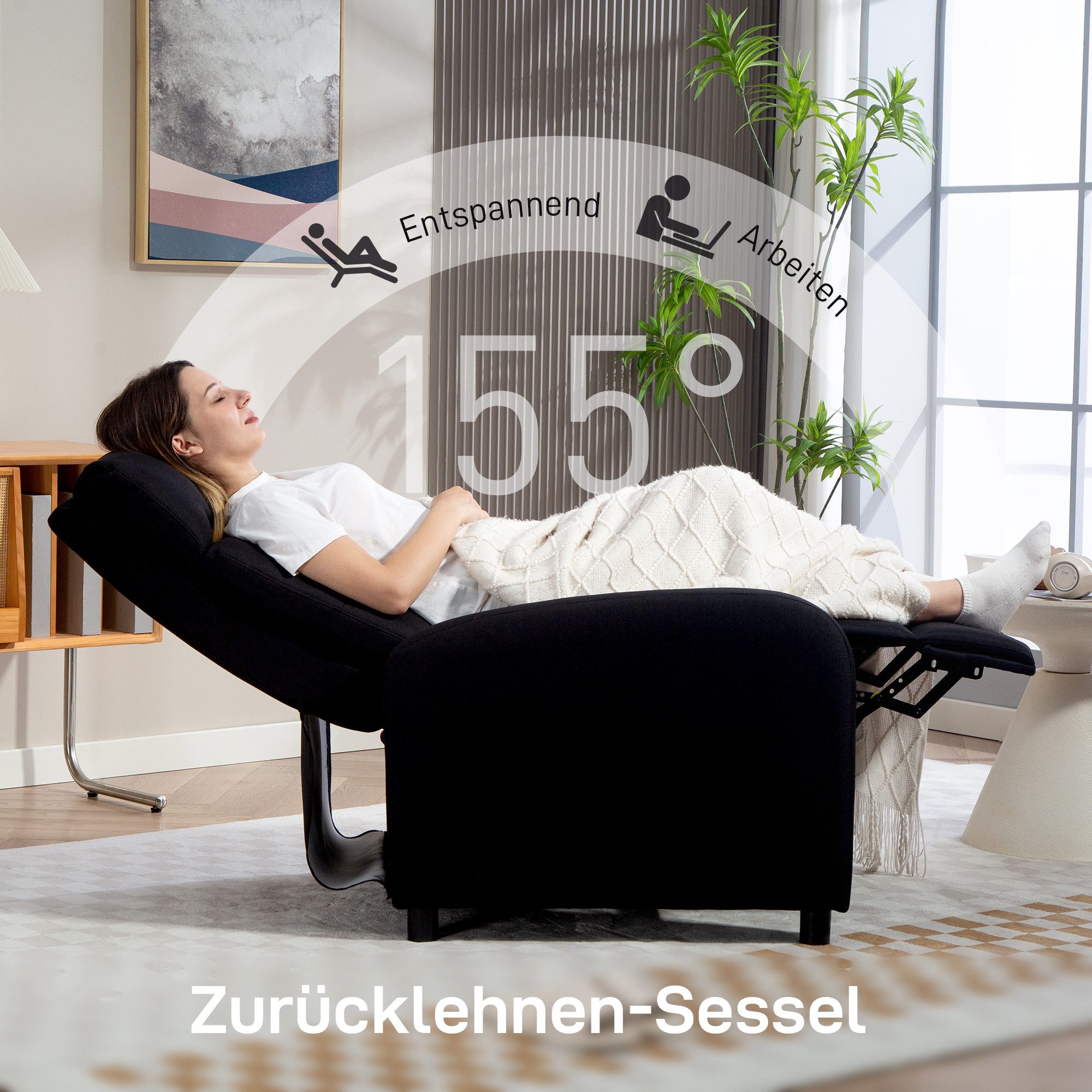 HOMCOM Relaxsessel Liegesessel mit Leinenoptik und Taschenfederkern, Ruhesessel (TV-Sessel, 1-St., Fernsehsessel mit Liegefunktion), bis 150 kg belastbar für Wo – Bild 4 von 5