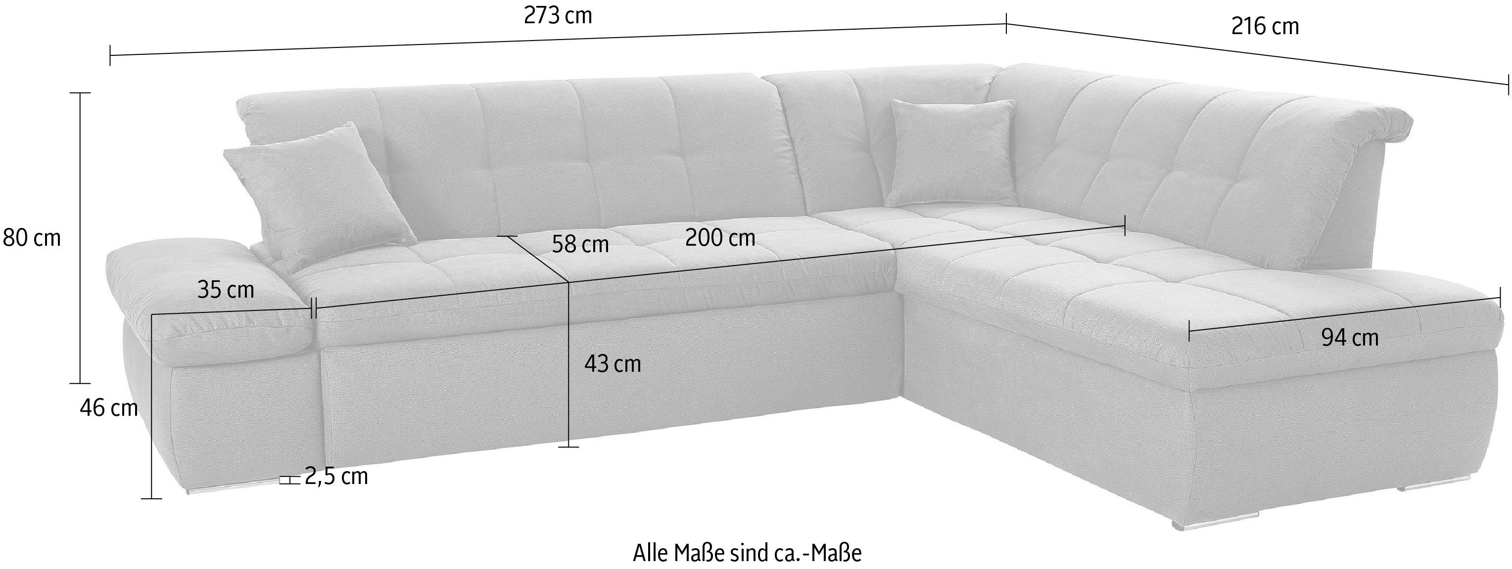 DOMO collection Ecksofa NMoric incl. Zierkissen B/T/H: 273/216/80 cm L-Form, Ottomanen-Abschluss, wahlweise mit Bettfunktion und Armlehnverstellung