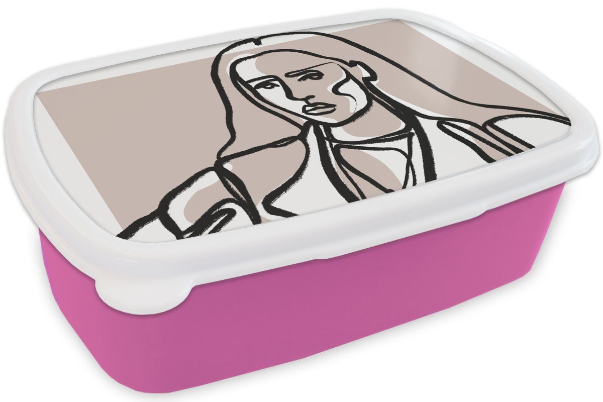 Brotbox Frau Kunststoff, Lunchbox (2-tlg), Brotdose MuchoWow Strichzeichnung rosa für - Erwachsene, Pastell, Kinder, Kunststoff - - Snackbox, Porträt Mädchen,