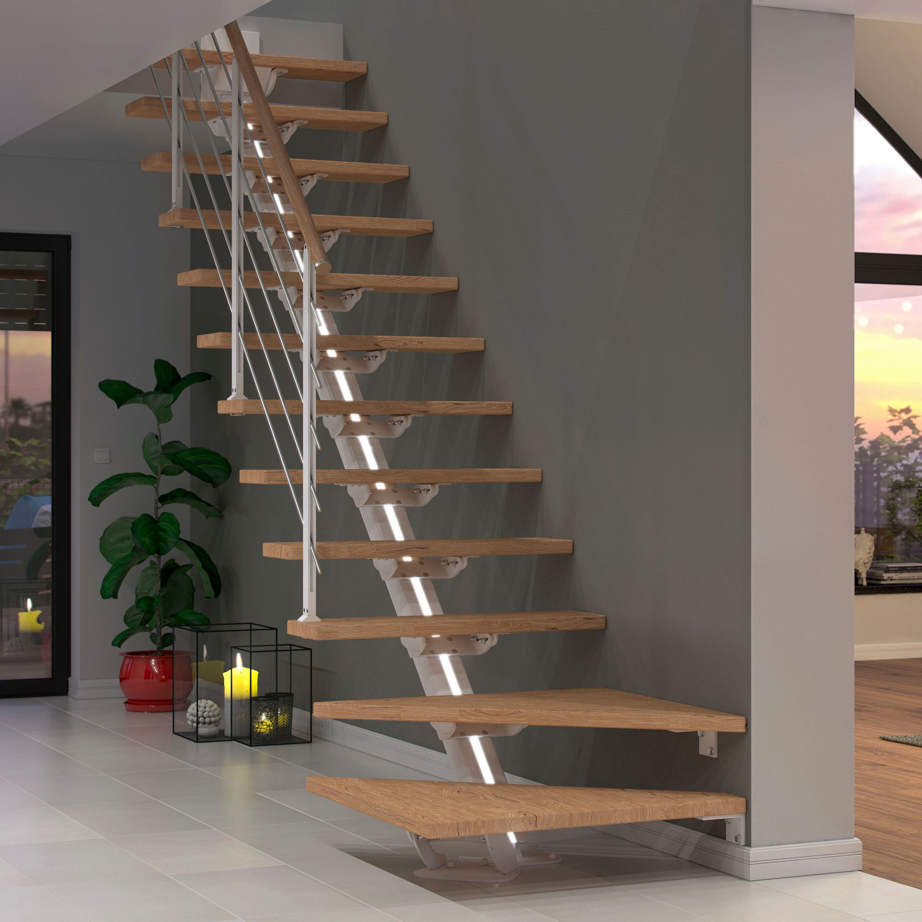 270 offen, Mittelholmtreppe Pfosten Stufen Holzkomponenten und cm, Unterkonstruktion Sydney, Dolle bis pulverbeschichtet Geschosshöhen geölt, für