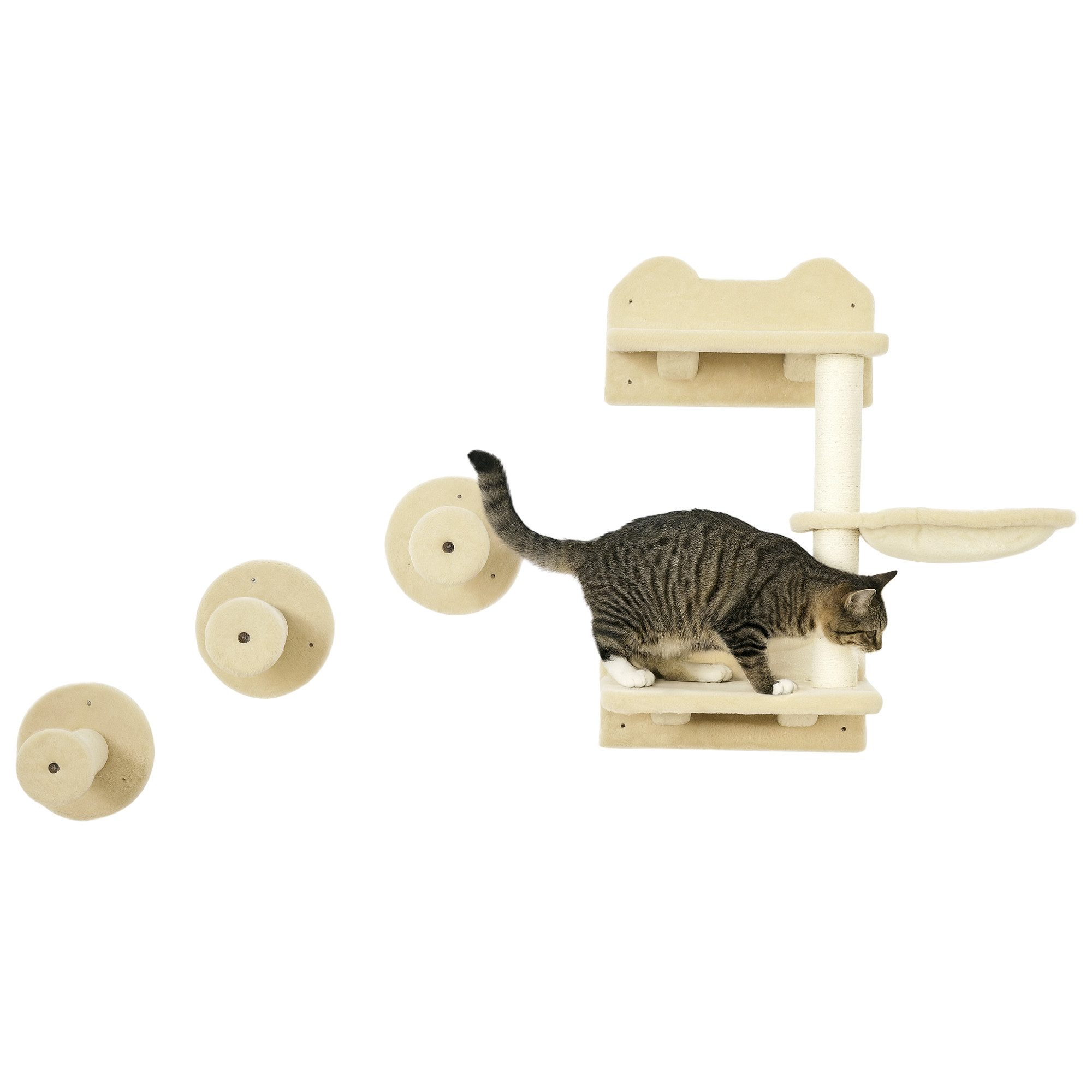 PawHut Katzen-Kletterwand 4-teilig, Katzentreppe, mit Hängematte, Sisal, Beige+Cremeweiß, 40 x 28 x 73cm