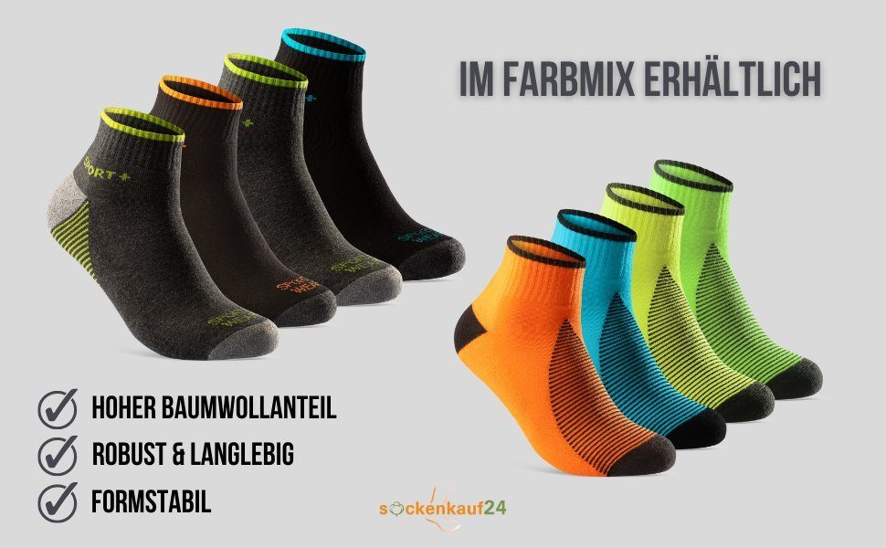 sockenkauf24 Sneakersocken Paar 39-42) Socken oder Baumwolle Herren "NEON" SPORT verstärkter WP (8-Paar, mit Frotteesohle - 16209 12 Damen 8