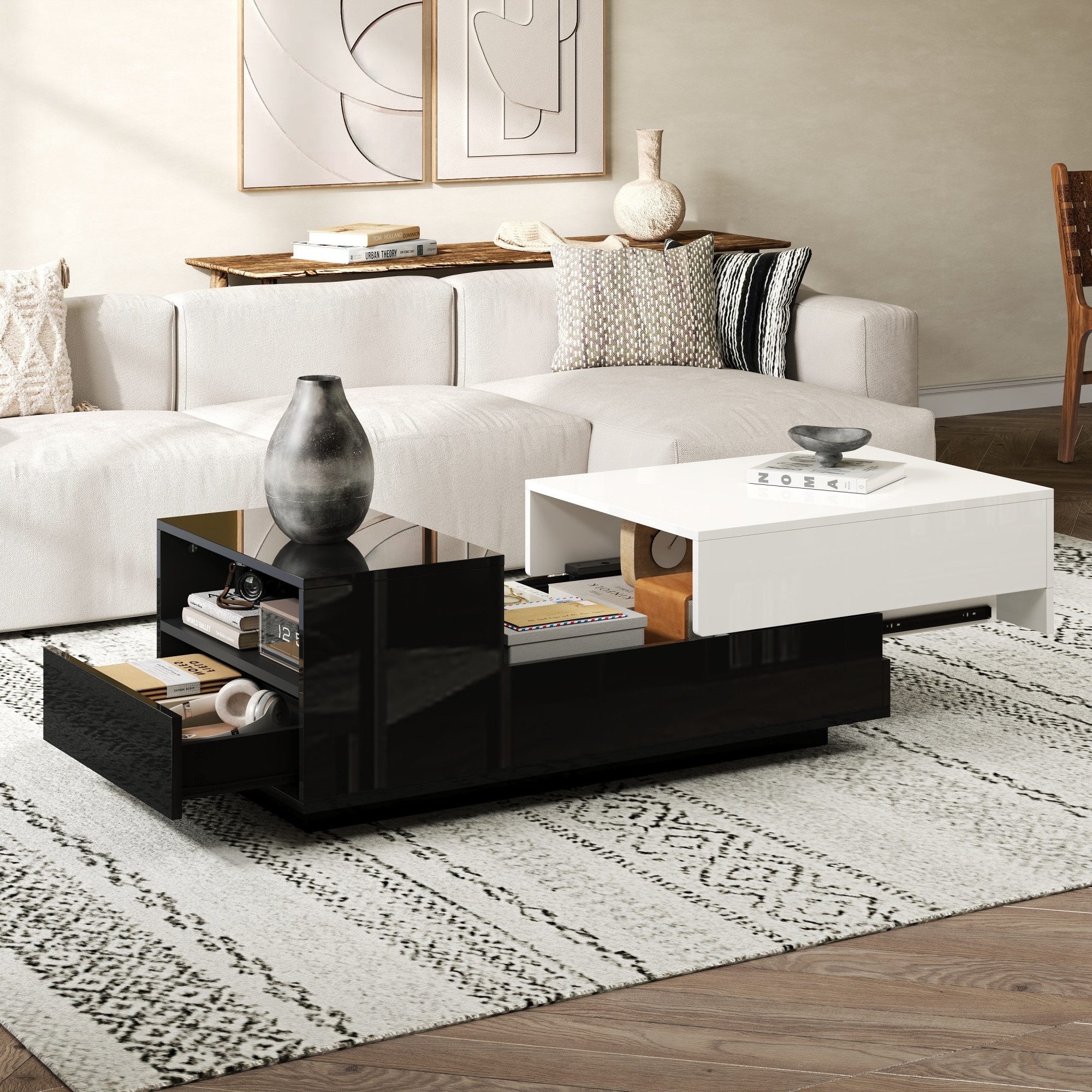 Merax Couchtisch Sofatisch Beistelltisch mit Hochglanz-Oberfläche (1-St), Wohnzimmertisch mit 2 Schubladen, Stauraum & Schiebeplatte,100x50x38cm – Bild 4 von 5