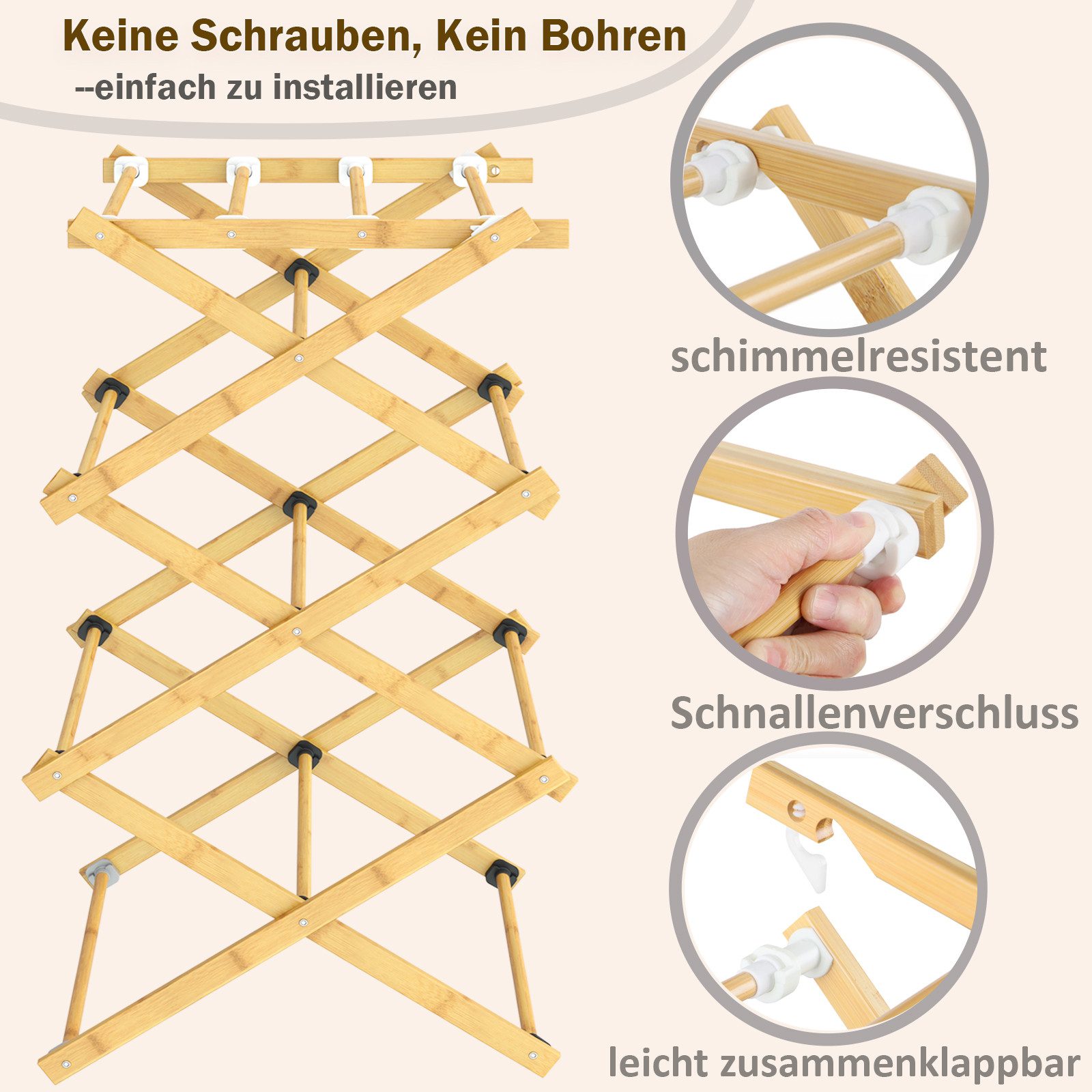 OUNUO Wäscheständer Klappbar aus Bambus einfacher Aufbau Platzsparend Handtuchhalter – Bild 5 von 5