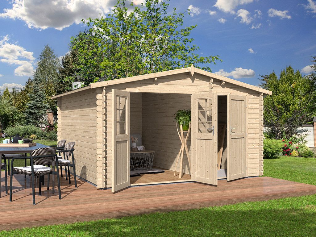 Woodtex Gartenhaus WOODTEX Gartenhaus Aster 398×380 cm 28 mm, BxT: 398x380 cm, Gerätehaus aus Holz mit Fußboden & Satteldach, wetterfest
