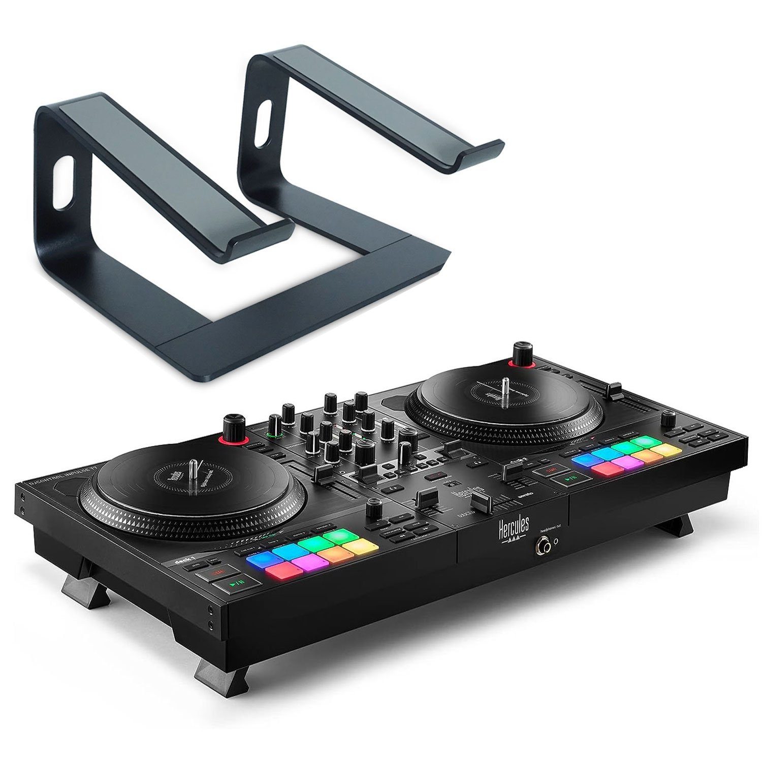 HERCULES DJ Controller DJControl Software), DJ- 2-Deck 6.3mm USB Out 2x Out Mikrofoneingang Inpulse T-7 XLR Laptopständer, / mit Ausgänge Klinke RCA-Cinch (Inkl DJ-Pult