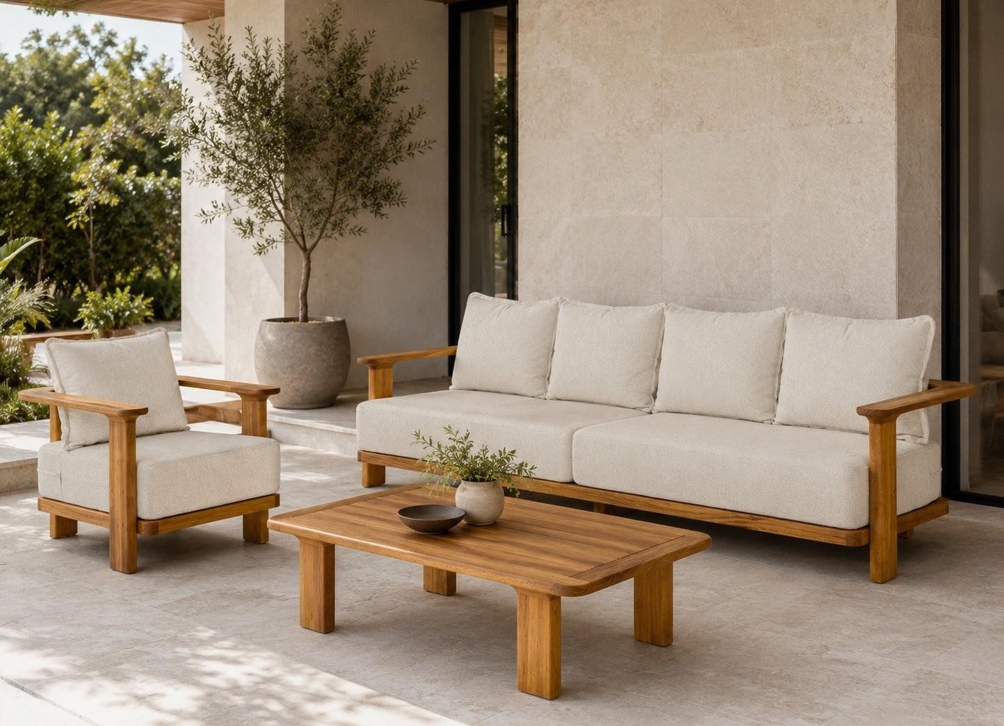 JVmoebel Gartenlounge-Set Gartenlounge Set 4-Sitzer Sofa Sessel Beige Kissen Couchtisch Holz Neu, (3-tlg., 3-tlg)