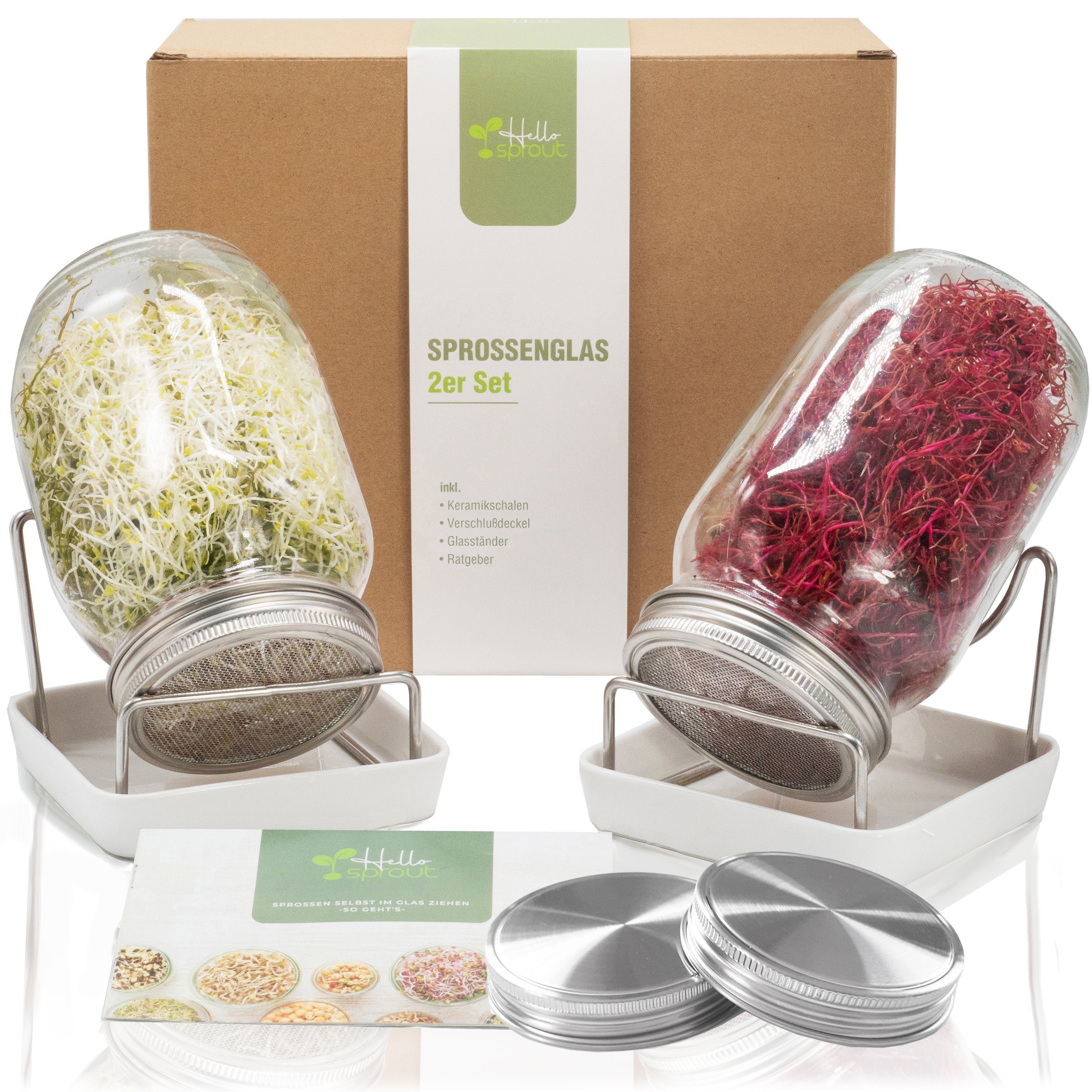 Hellosprout Anzuchttopf Sprossenglas, Keimglas Set, Sprossengläser 2 x 1000 ml (Sprossen Anzuchtset, Keimglas für Sprossen), Extragroße Öffnung und rostfreier Edelstahlsieb