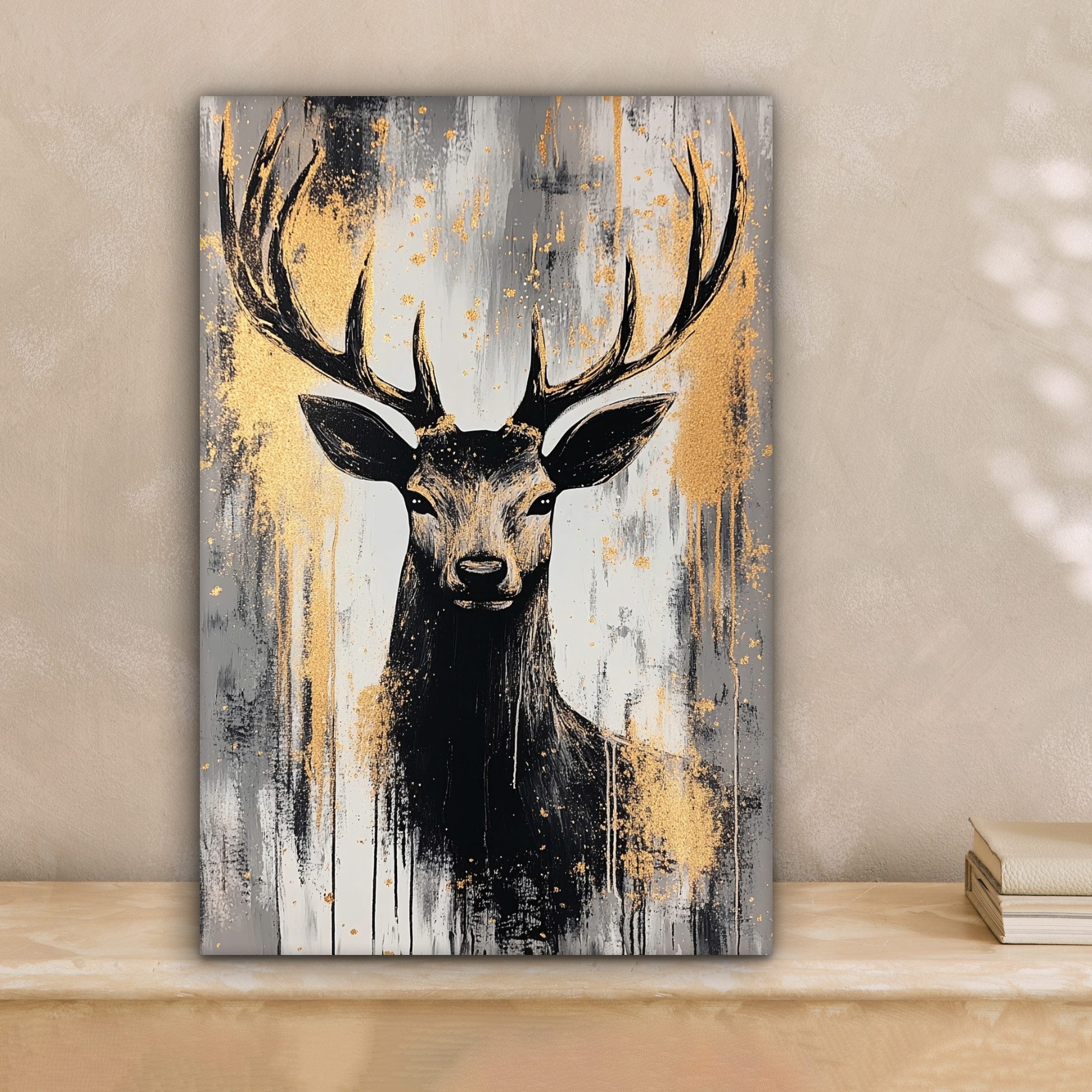 OneMillionCanvasses® Leinwandbild Abstrakt - Hirsch - Geweih - Gold, Fotodruck (1 St), Leinwand Canvas Wandbild, Wanddekoration 20x30 cm