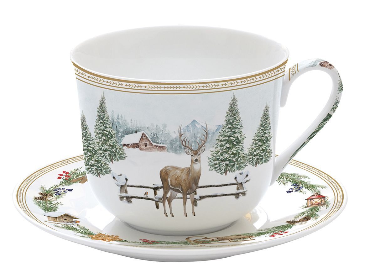 EasyLife Tasse White Forest, Porzellan, Spülmaschinengeeignet, Weiß, Winterwald, H: 9cm