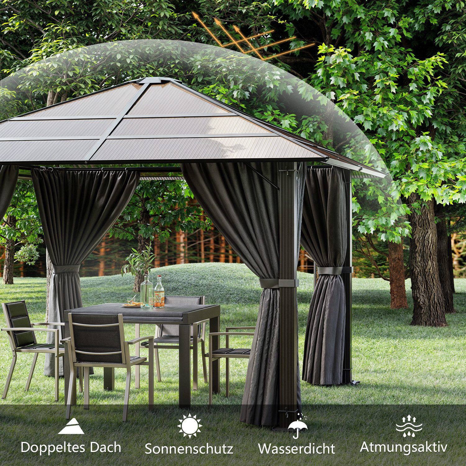GUNJI Pavillon 3x3/3x4m Gartenpavillon mit 4 Seitenteilen&LED-Beleuchtung, (mit 4 Seitenteilen, Beine aus verdichtetem Aluminium, für Balkon, Terrasse), robuste – Bild 5 von 5