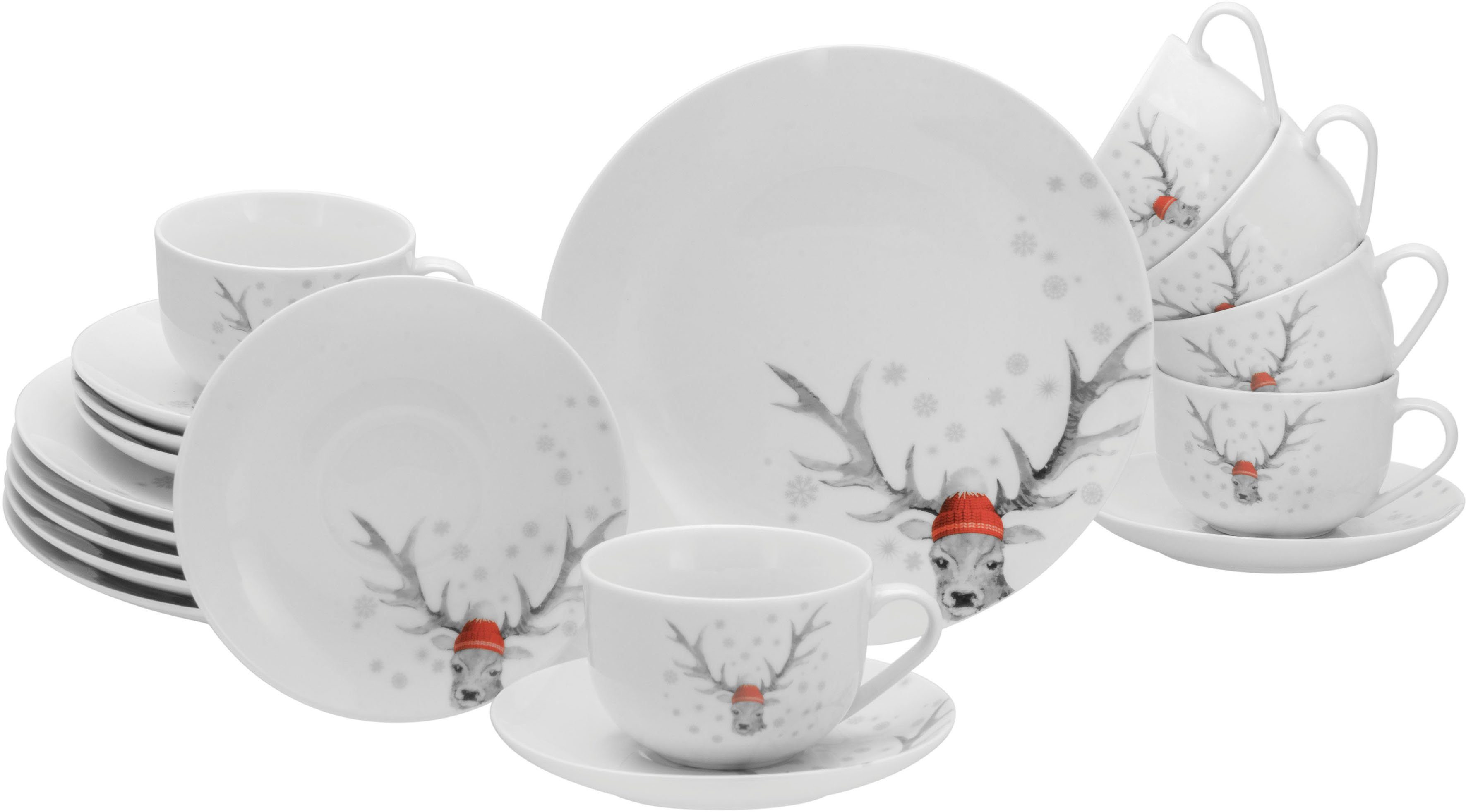 CreaTable Кофейный сервиз Luna Hirsch (18-tlg), 6 Personen, Porzellan, winterliches Hirsch-Motiv