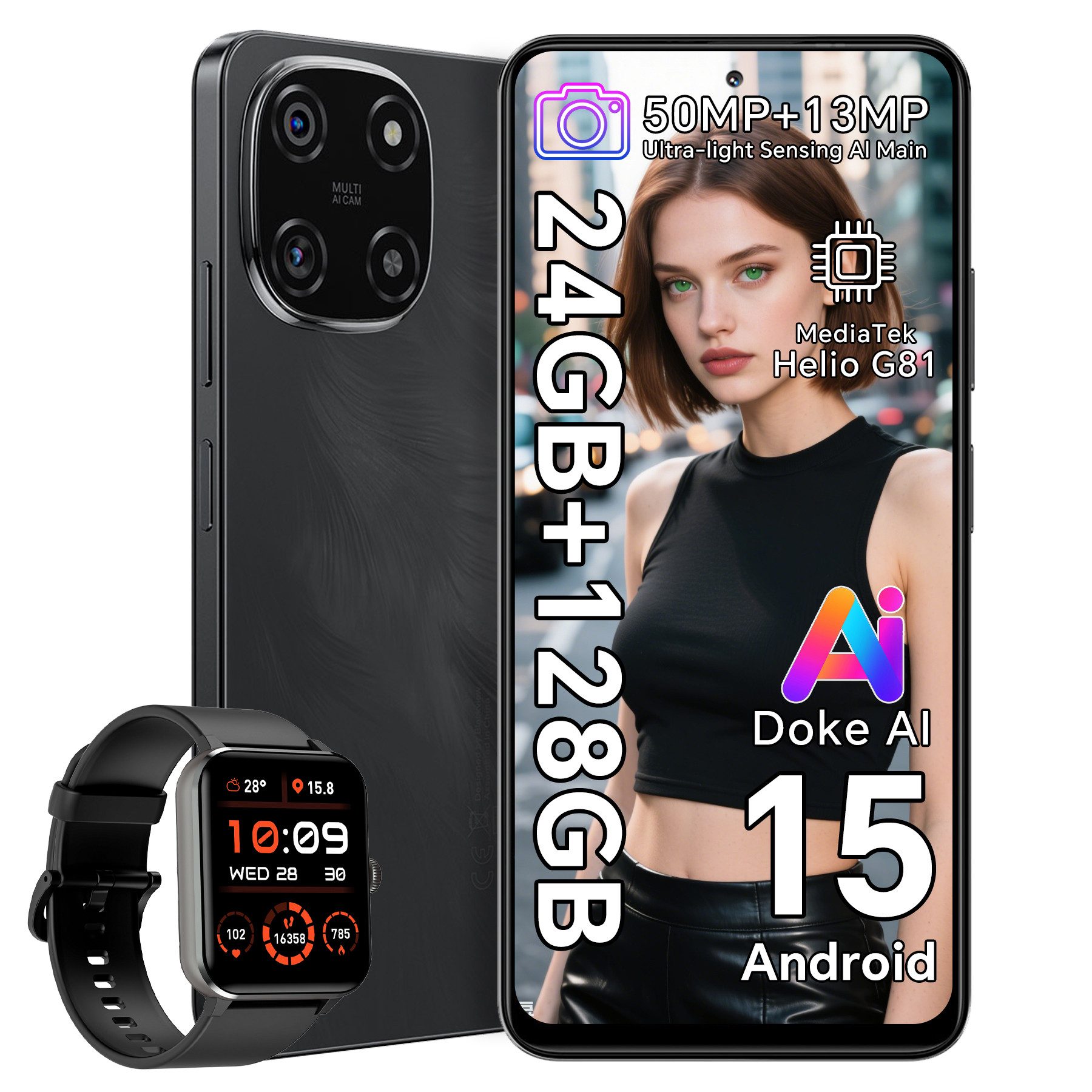 blackview Color 6 incl. R50 Handy (128 GB Speicherplatz, 50 MP Kamera, Helio G81, 50MP, Android 15, DokeOS 4.1, Doke AI)