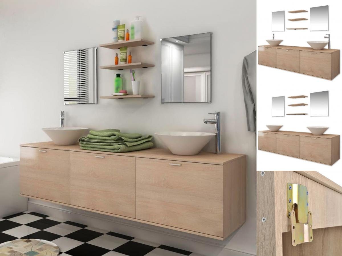 10-tlg Badezimmer-Set Beige Waschbecken Badmöbel-Set mit vidaXL DOTMALL Wasserhahn und