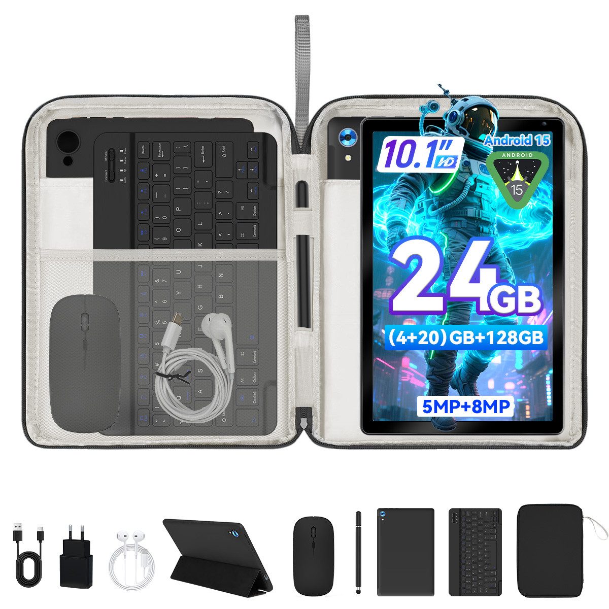 Happybe 10,1 Zoll Android 15, 4GB RAM 128GB mit Tastatur Maus Stylus Hülle Set Tablet (10", 128 GB, Android, WiFi 6)