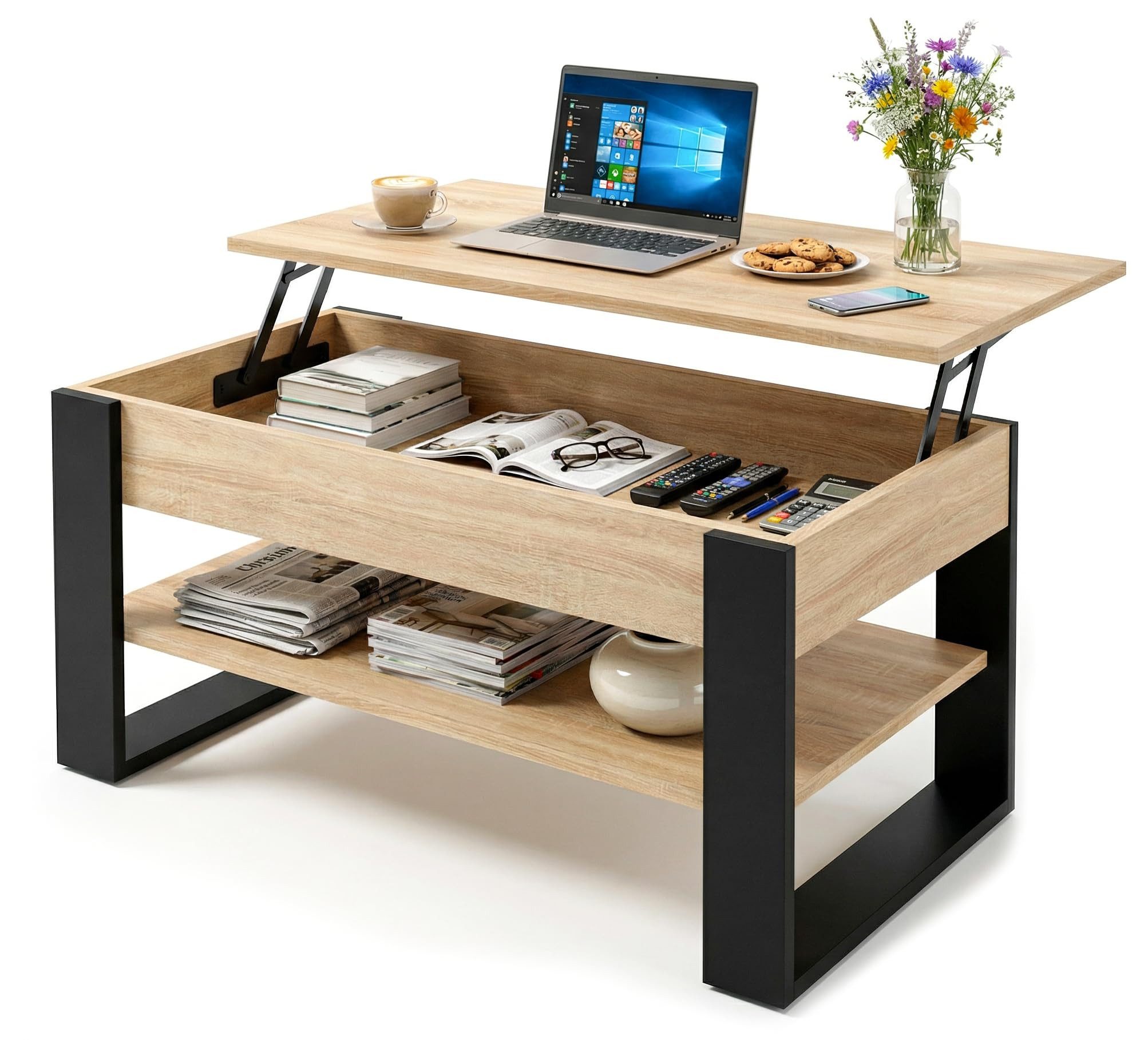 TREND WERK Couchtisch Lift-Couchtisch höhenverstellbar Sofatisch 92×54 cm mit Stauraum, verstecktem Fach Wohnzimmertisch Holz modern
