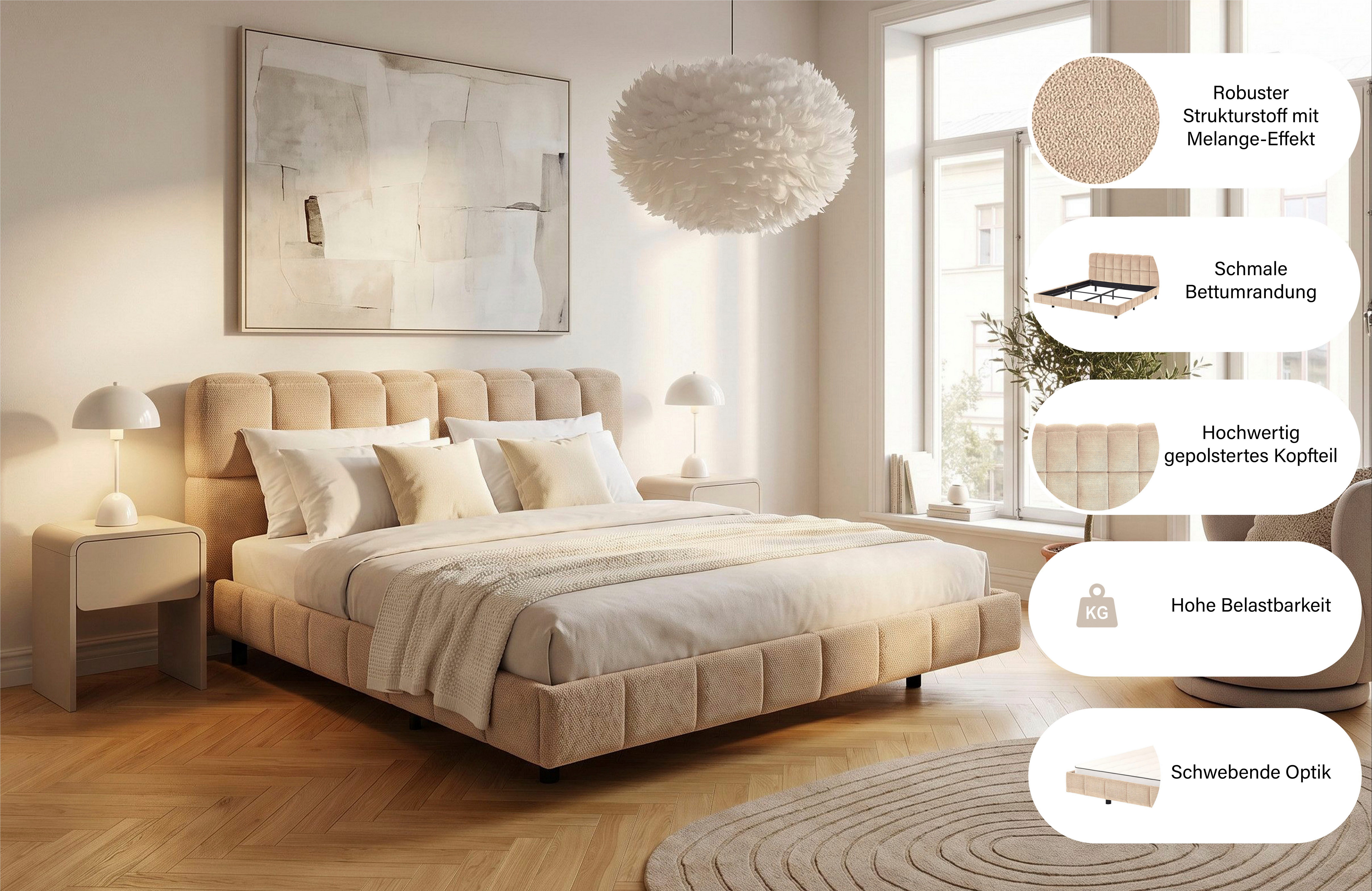 ATLANTIC home collection Polsterbett Neela in 180cm x 200cm, gepolstertes Kopfteil und Rahmen, Bezug aus hochwertigen Strukturstoff